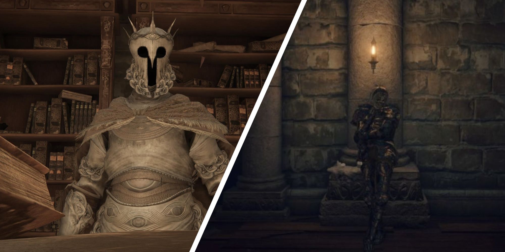 Gideon Ofnir, the all knowing and Ensha from Elden Ring in the Roundtable Hold