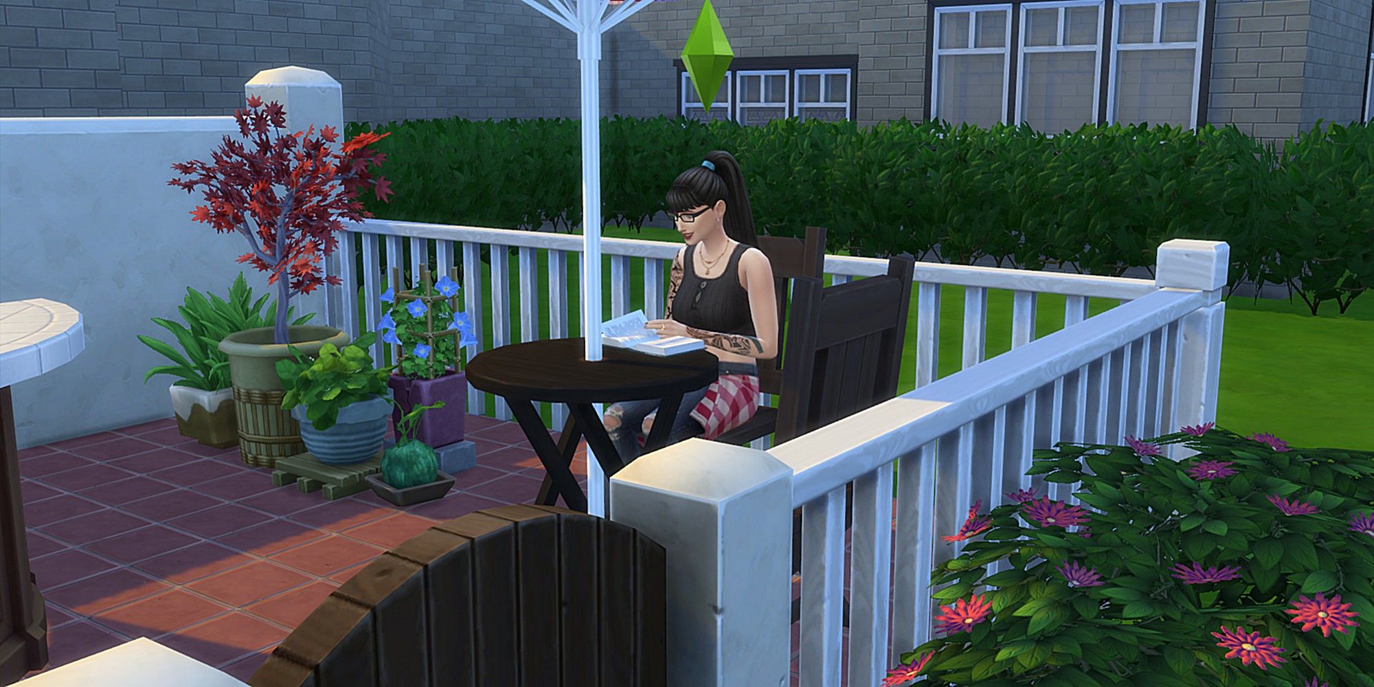 Young Adult female Sim reading outdoors in The Sims 4