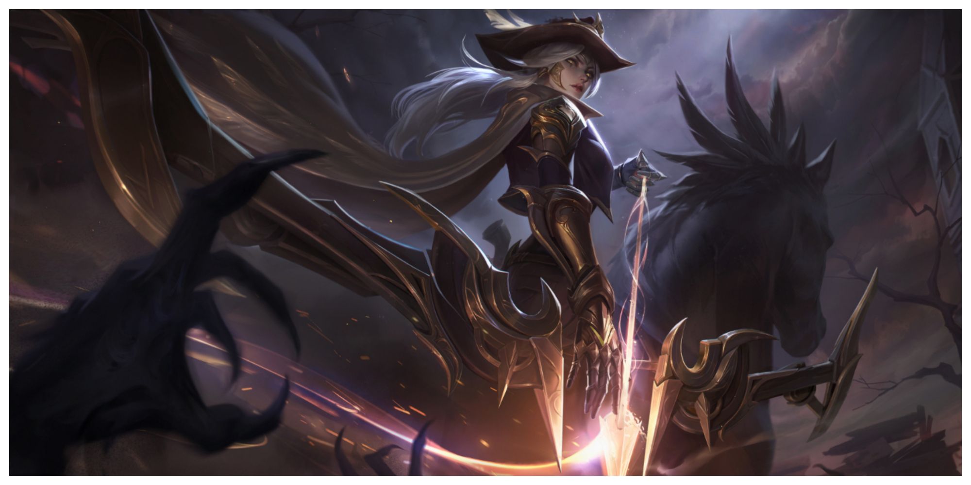 High Noon Ashe sitting atop her shadowy steed with steely eyes her arrow drawn as a demonic hand recoils under her gaze