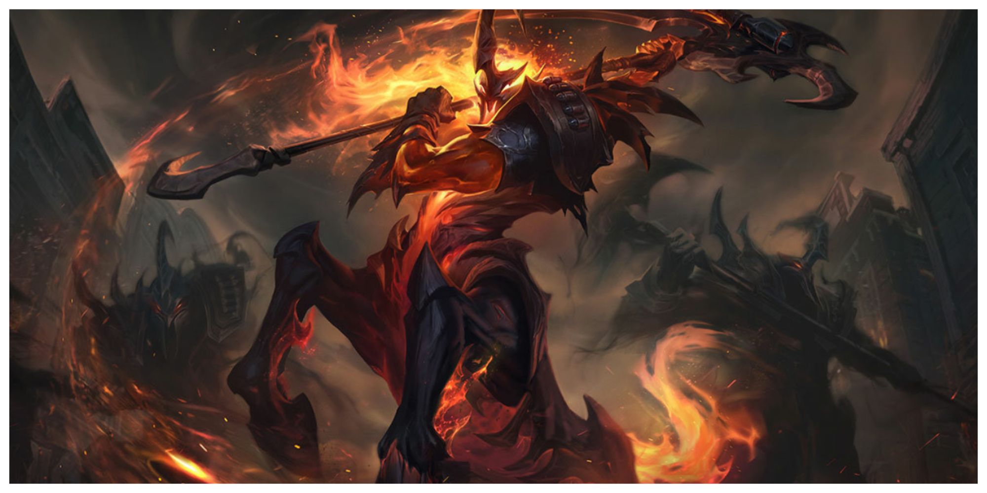 High Noon Hecarim poised to strike with his scythe his shadow riders at his side as he stands on his hind legs skull ablaze 