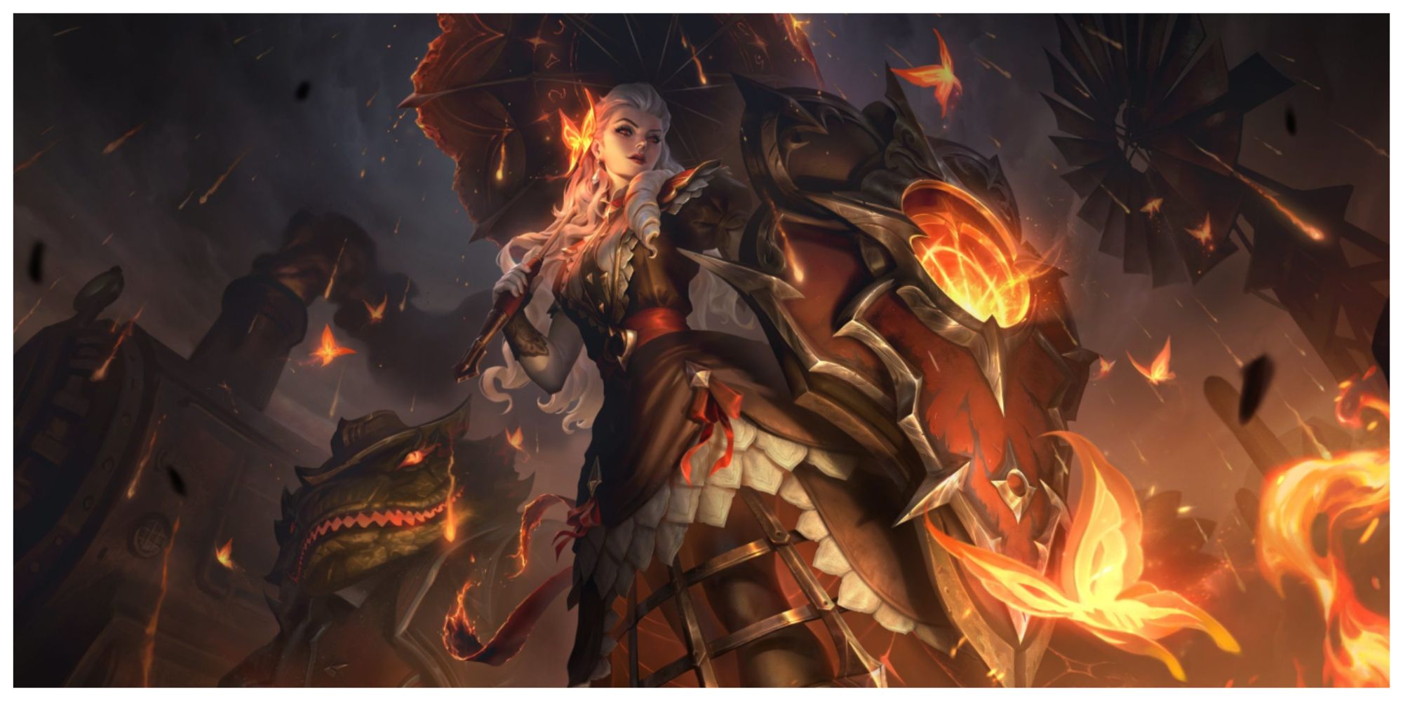 High Noon Leona walking with Tahm Kench next to her as she holds a parasol and a shield with butterflies flying around