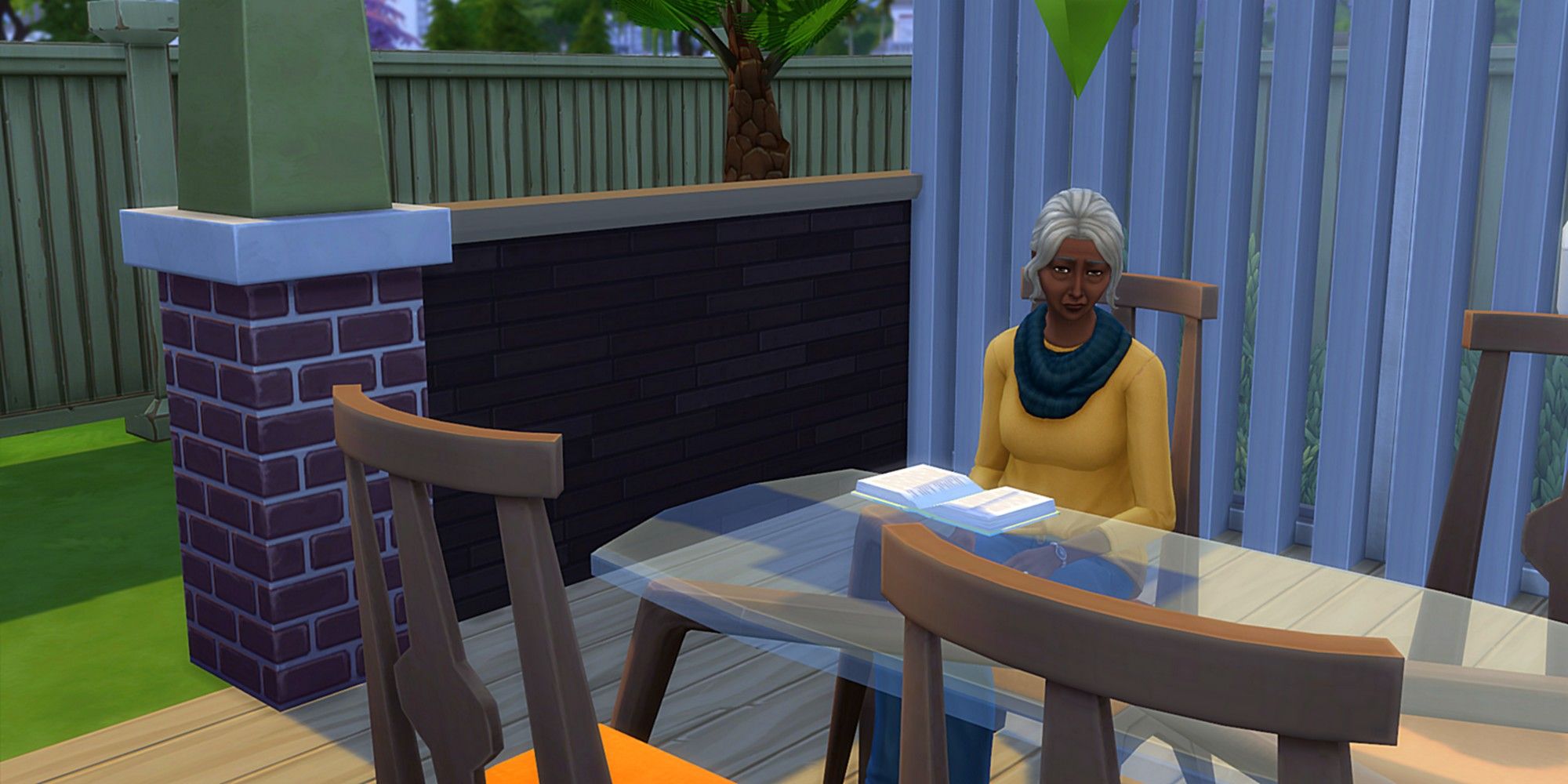 Elder Sim reading outdoors in The Sims 4