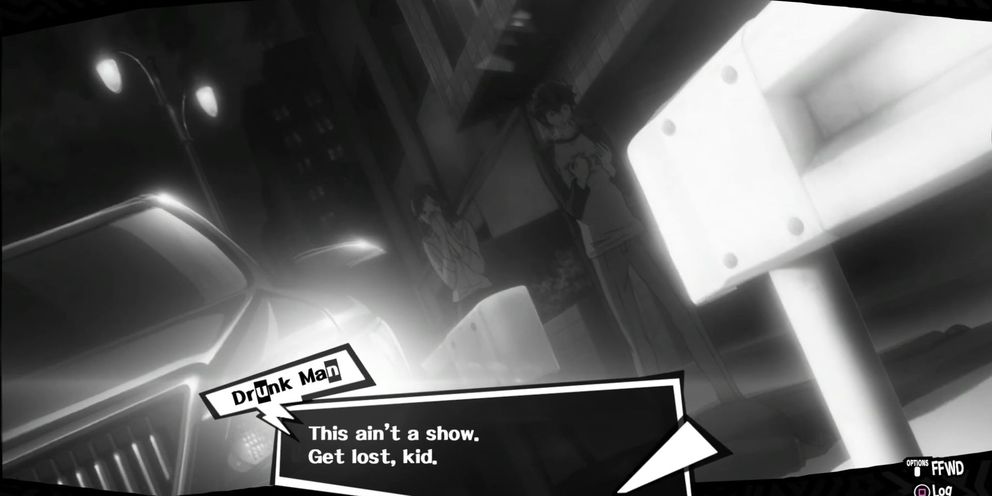 A drunken Shido tries to shoo Joker away as he intercepts an assault