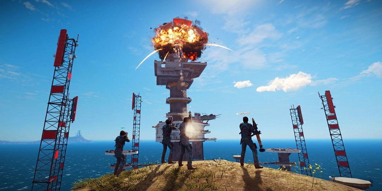 Just Cause 3 Multiplayer Mod showing four players destroying a building
