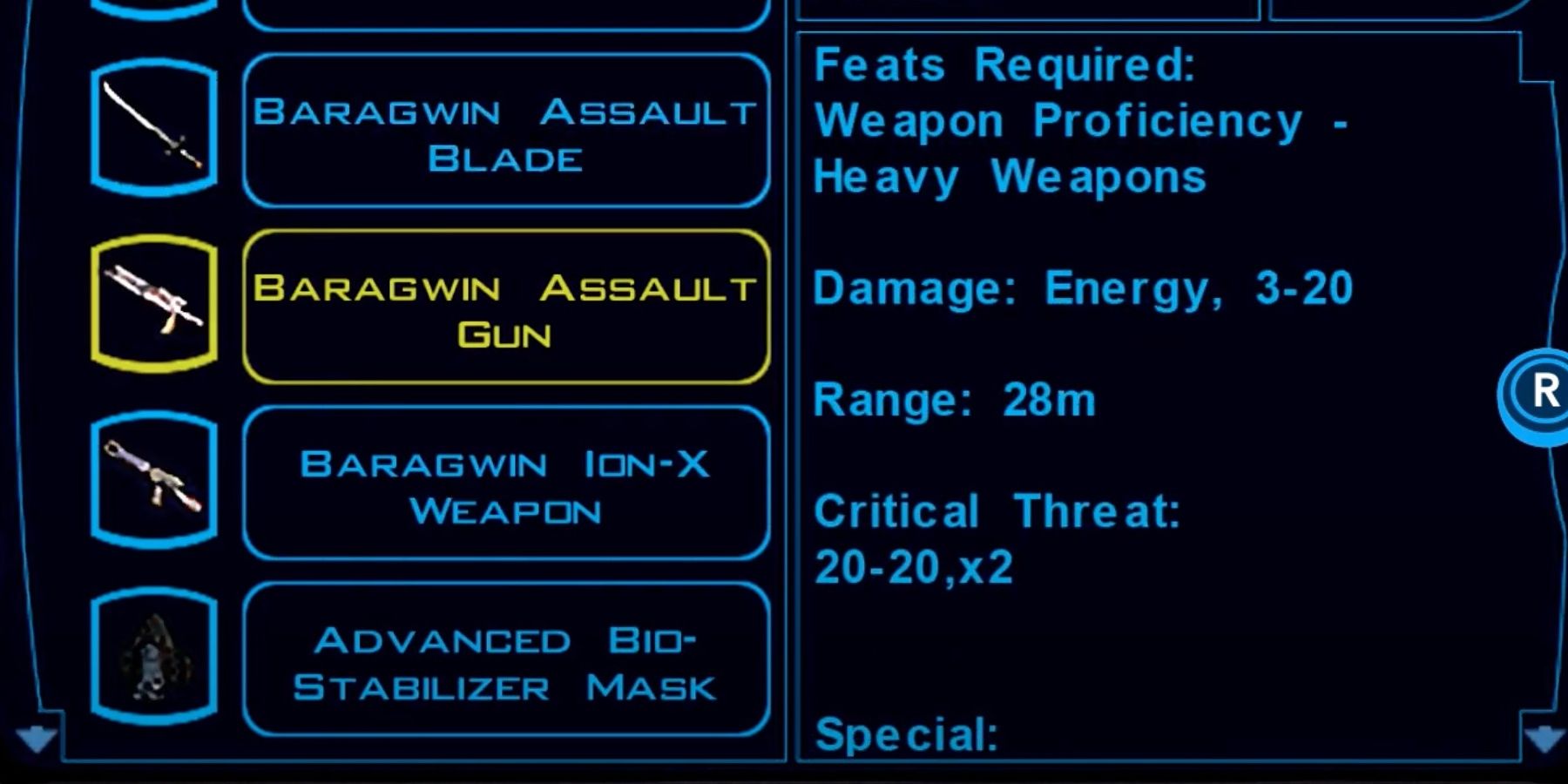 KOTOR Bargawin Assault Gun Attributes listed in the inventory screen.