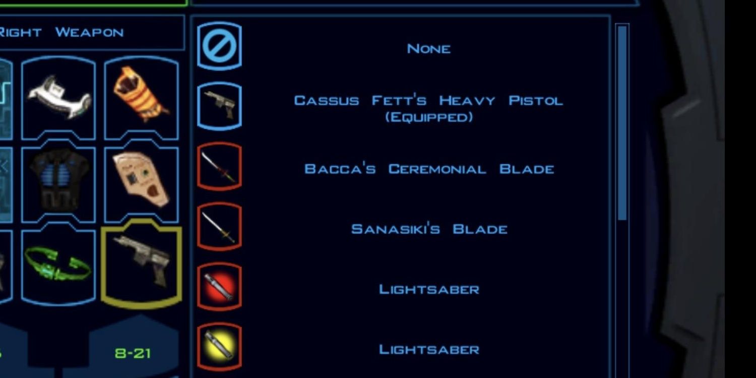 KOTOR Cassus Fett's Heavy Pistol equipped in the player's inventory.