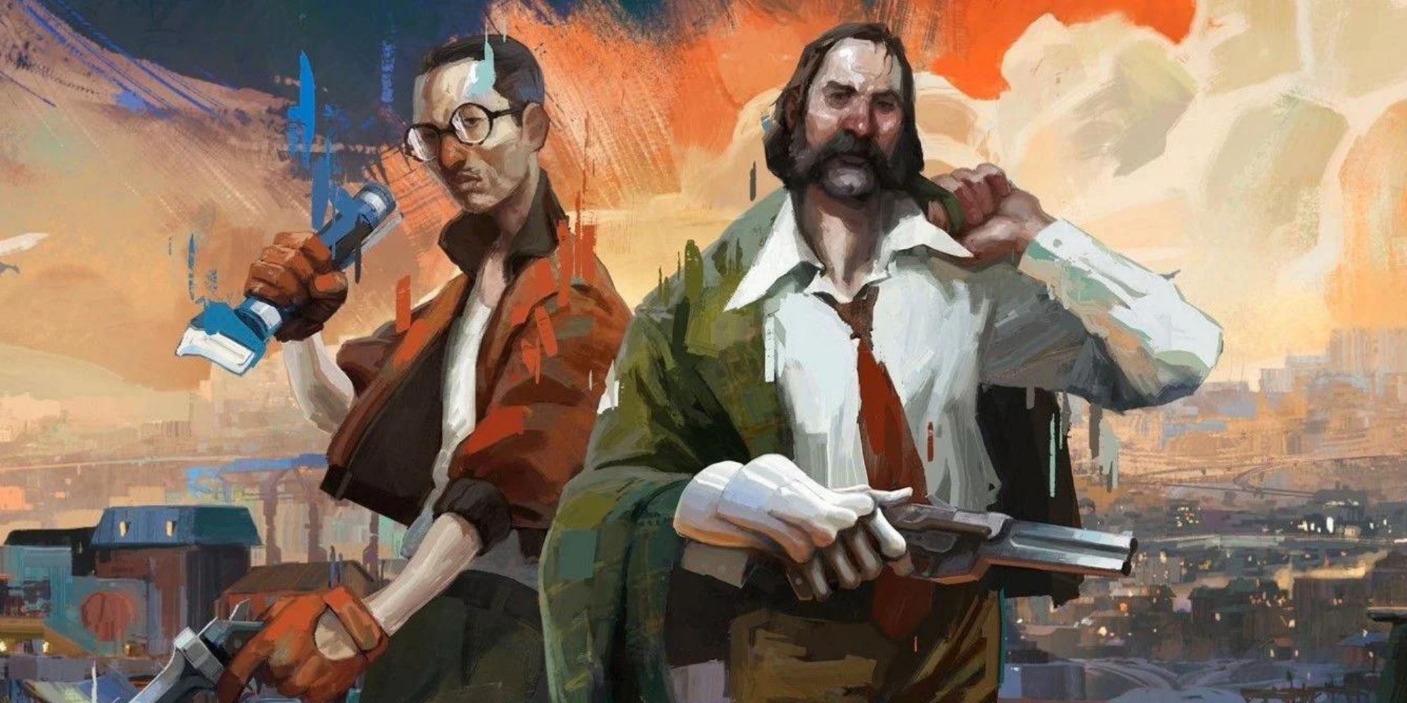 Kim Kitsuragi With a Flashlight and Harry Dubois holding a double barrel gun standing side by side