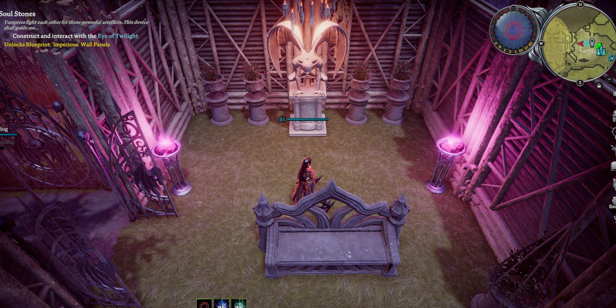 Palisades made of lumber surrounds stone decor in v rising castle
