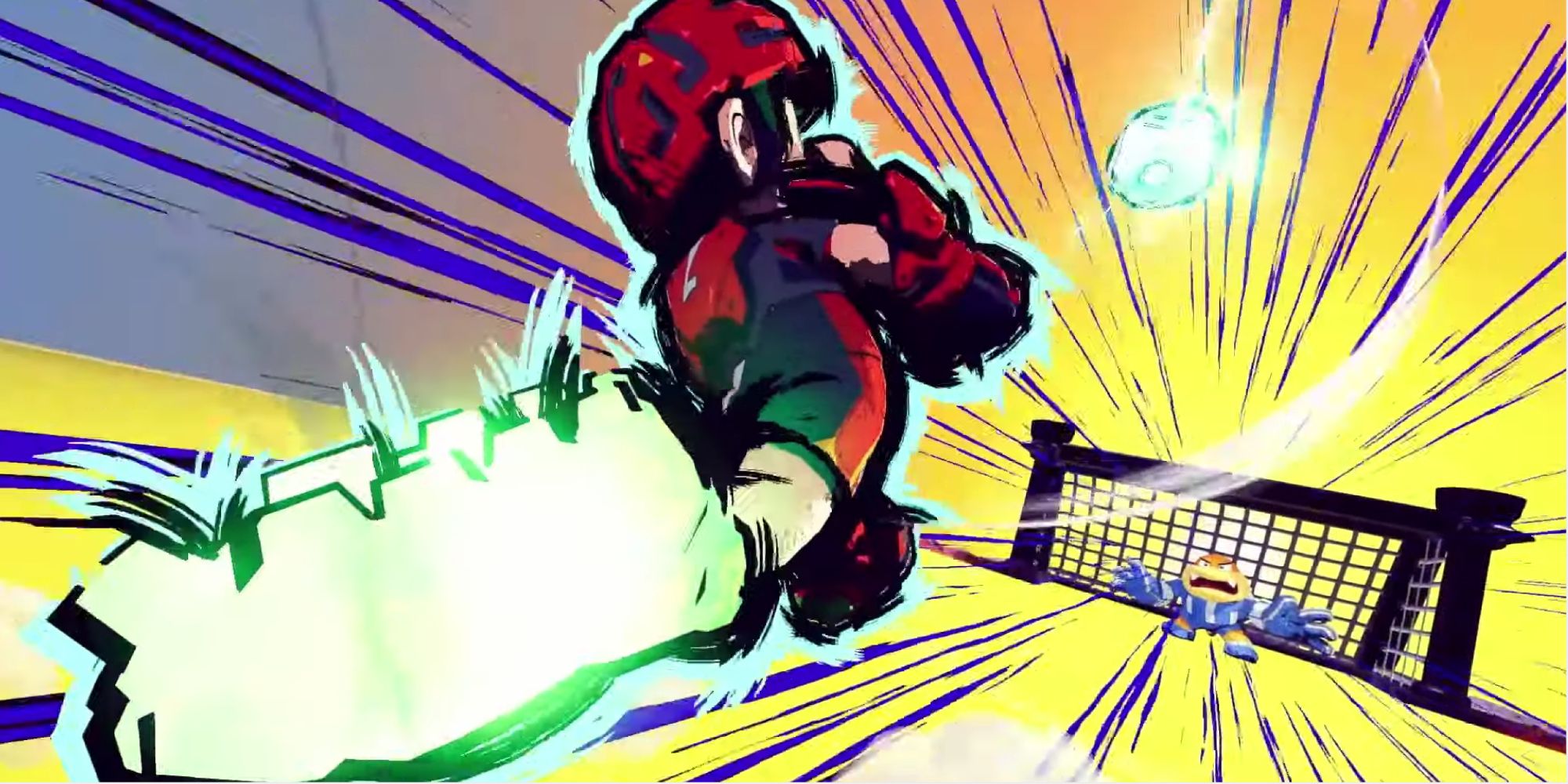 Luigi performing his Hyper Strike in Mario Strikers: Battle League Football