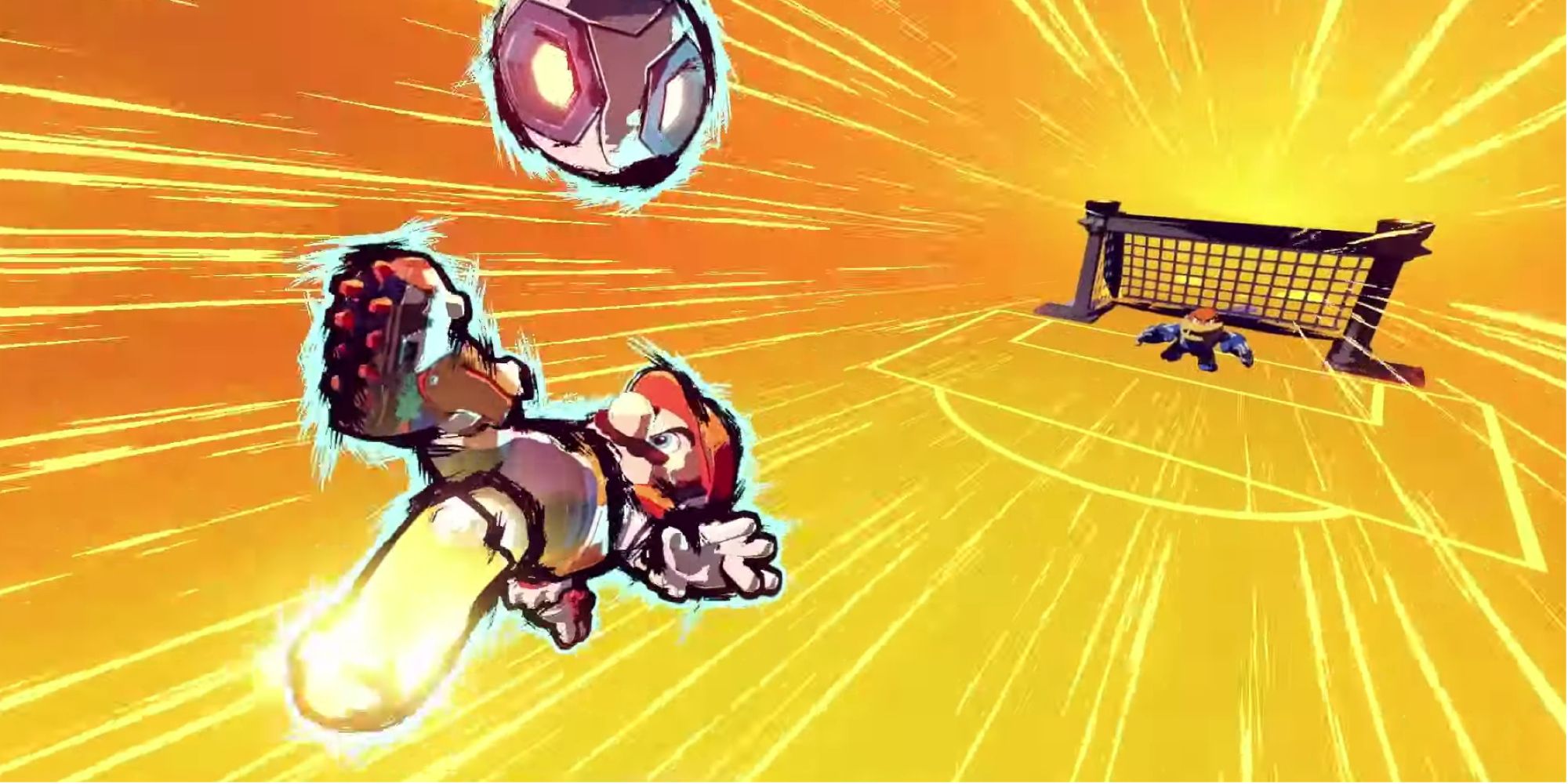 Mario performing his Hyper Strike in Mario Strikers: Battle League Football