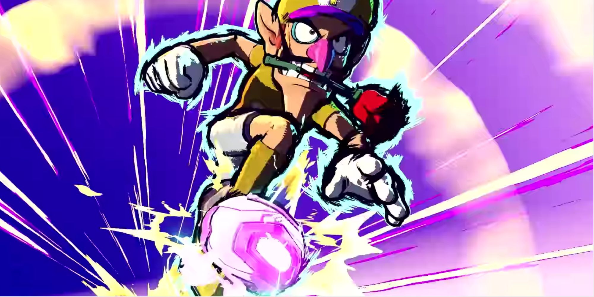 Waluigi performing his Hyper Strike in Mario Strikers: Battle League Football
