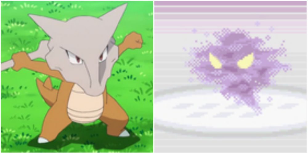 Split image screenshots of Marowak in the anime and Marowak's Ghost in Pokemon FireRed/LeafGreen.