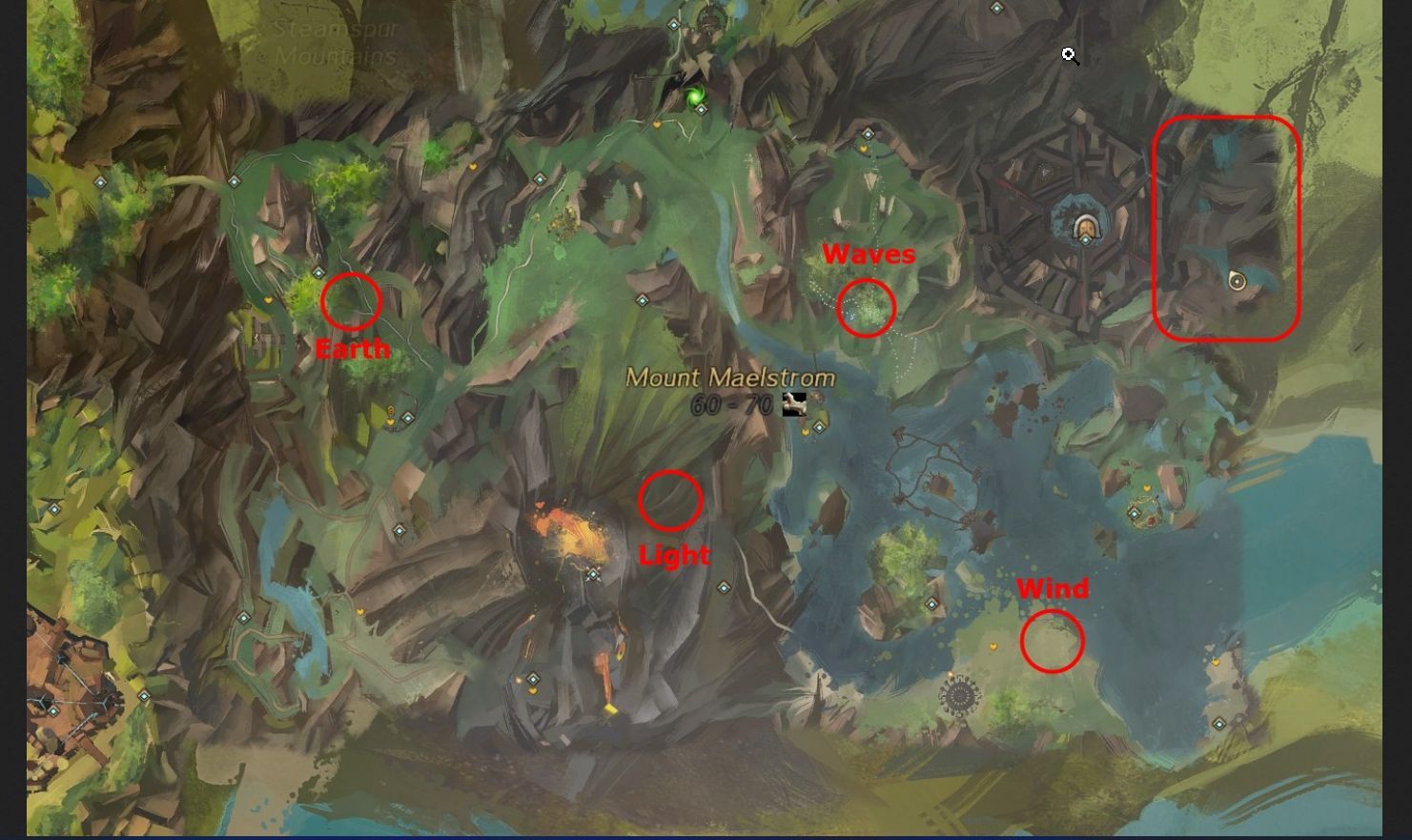 A sreenshot of the locations of entry for the Dierdres hidden garden in Guild Wars 2's Mount Maelstrom