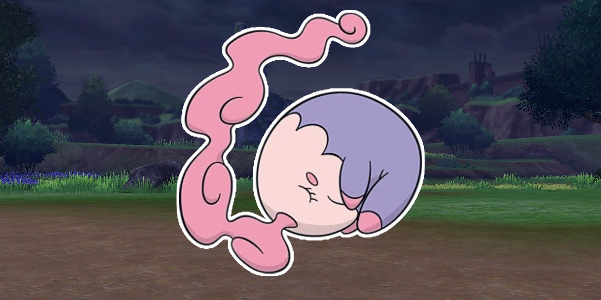 2D artwork of the Pokemon Musharna, over a background of a forest clearing at nighttime.