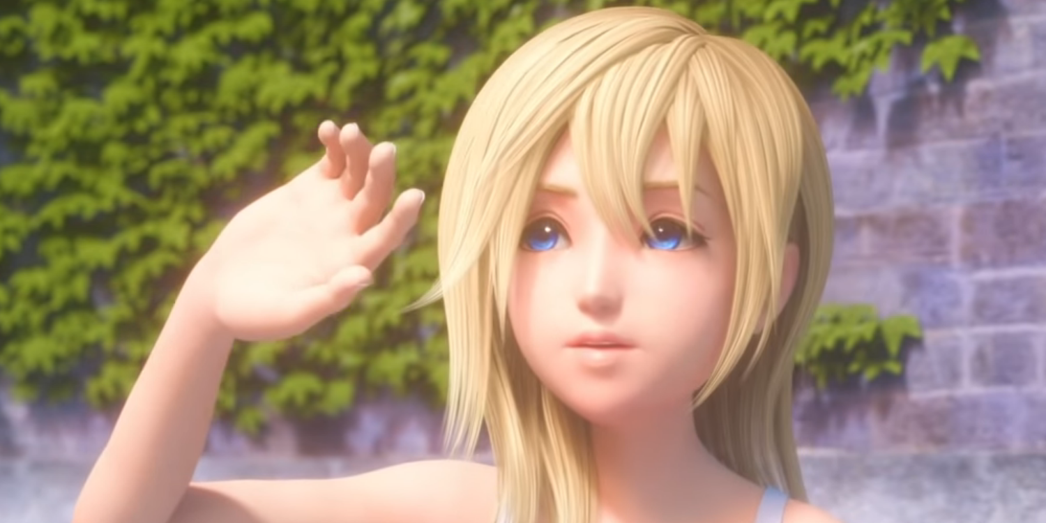 A screenshot of Namine from Kingdom Hearts raising her hand.