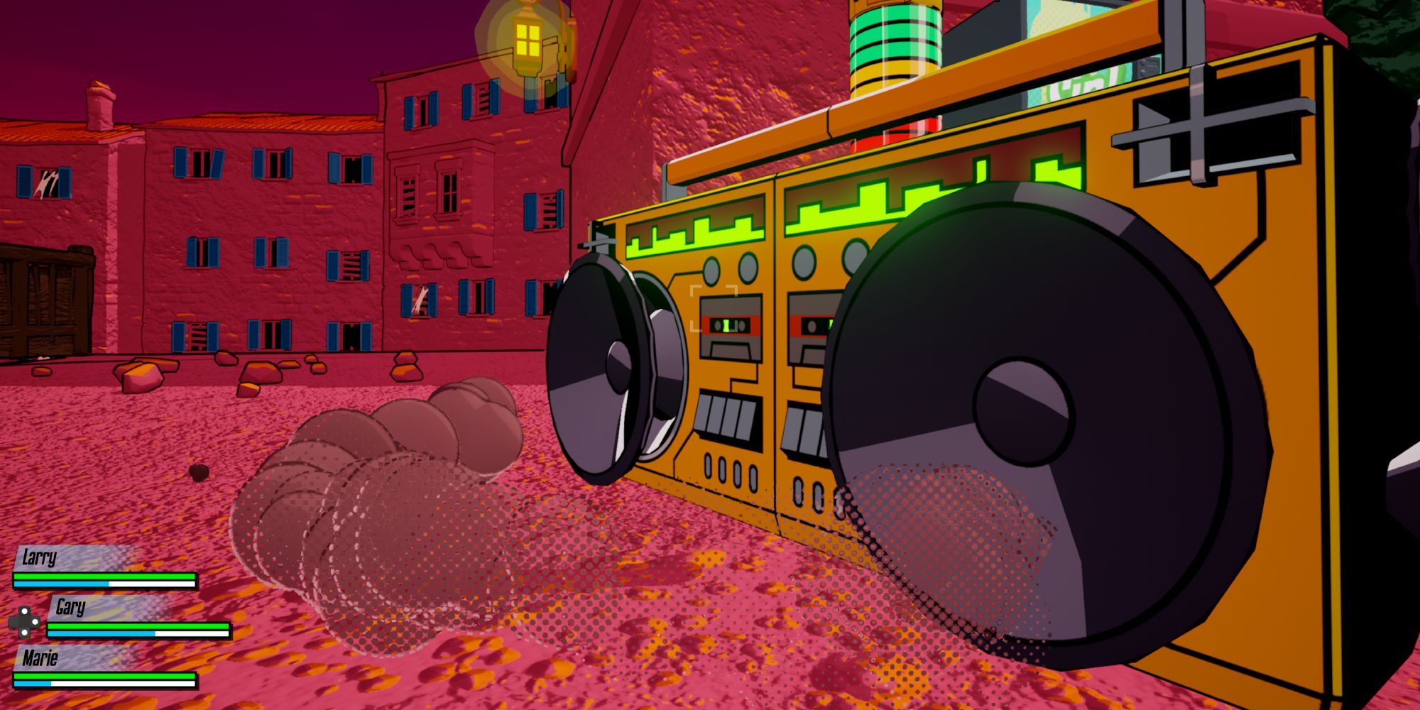 a close up of a yellow boombox from Research and Destroy against a backdrop of a red-tinted city
