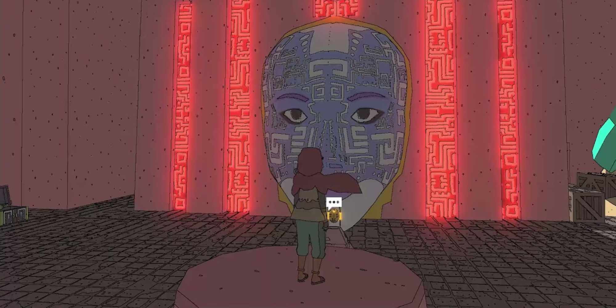 a wide shot of Sable stood on a podium in front of a giant blue face surrounded by neon red lines stretching up the wall
