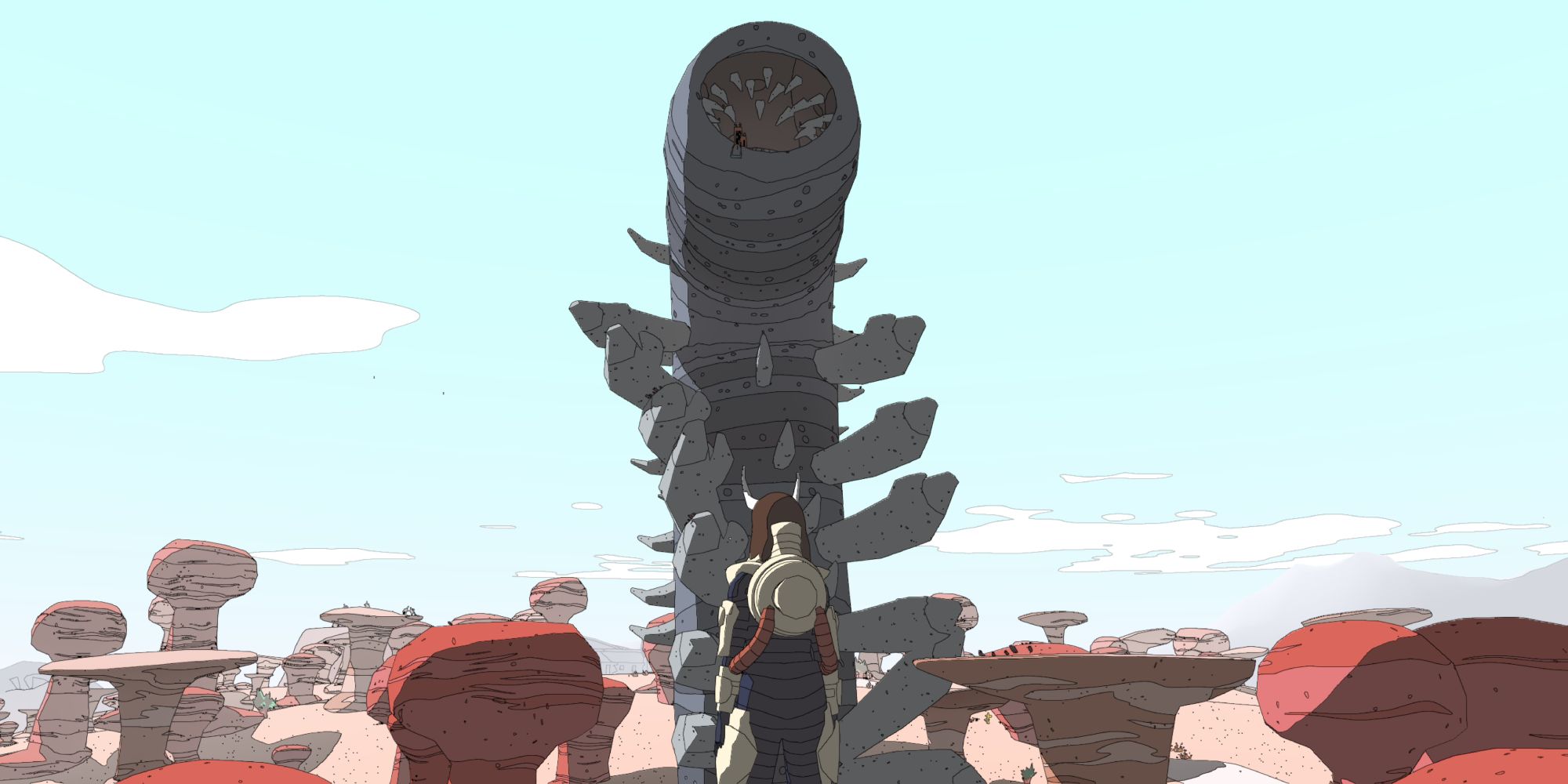 a wide shot of Sable with her back turned overlooking the desert with the giant Wyrm looming in the distance 