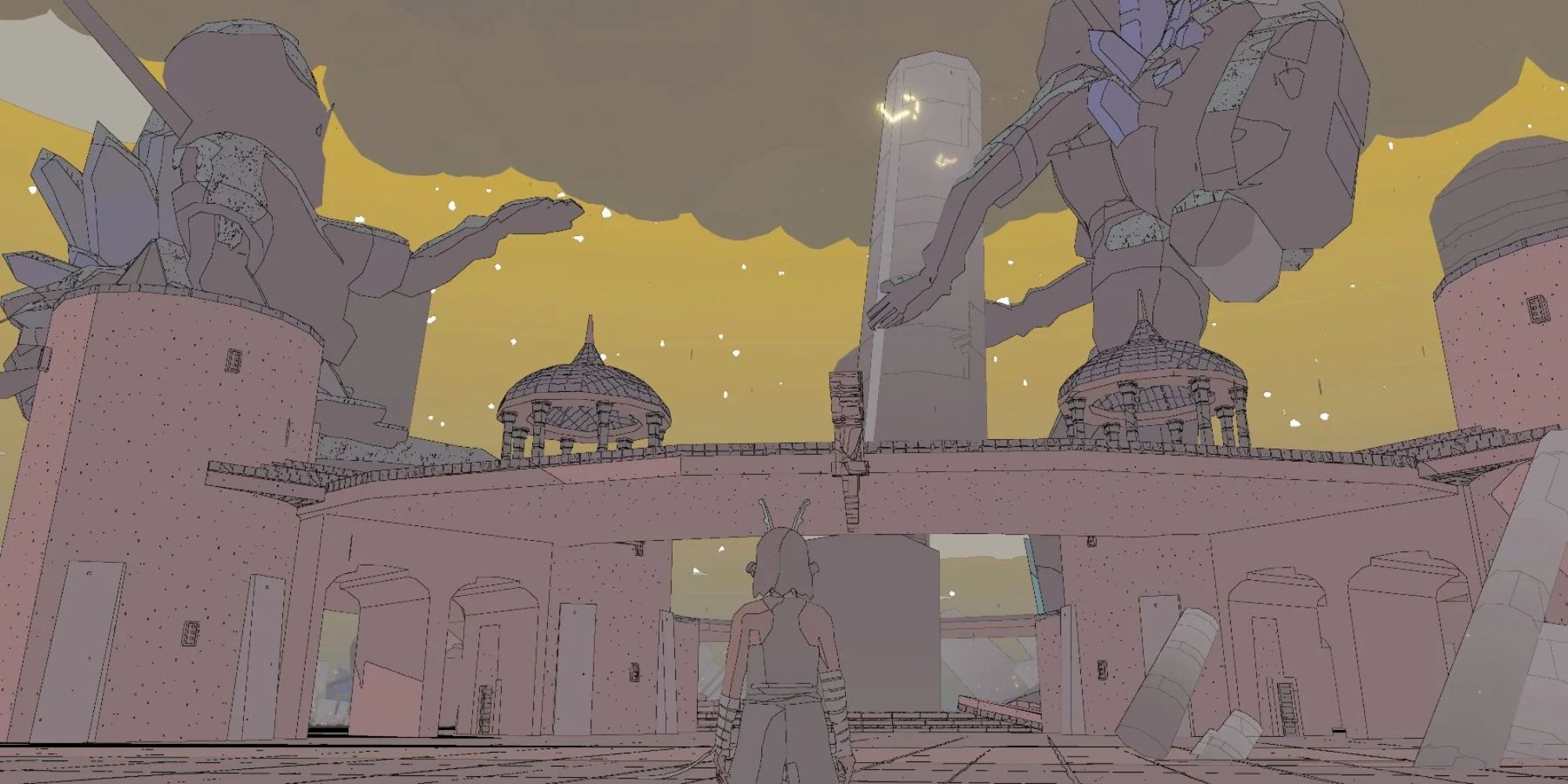 a wide shot of Sable in the Crystal Plateau with giant robots looming above her and various temple-like structures in front of her