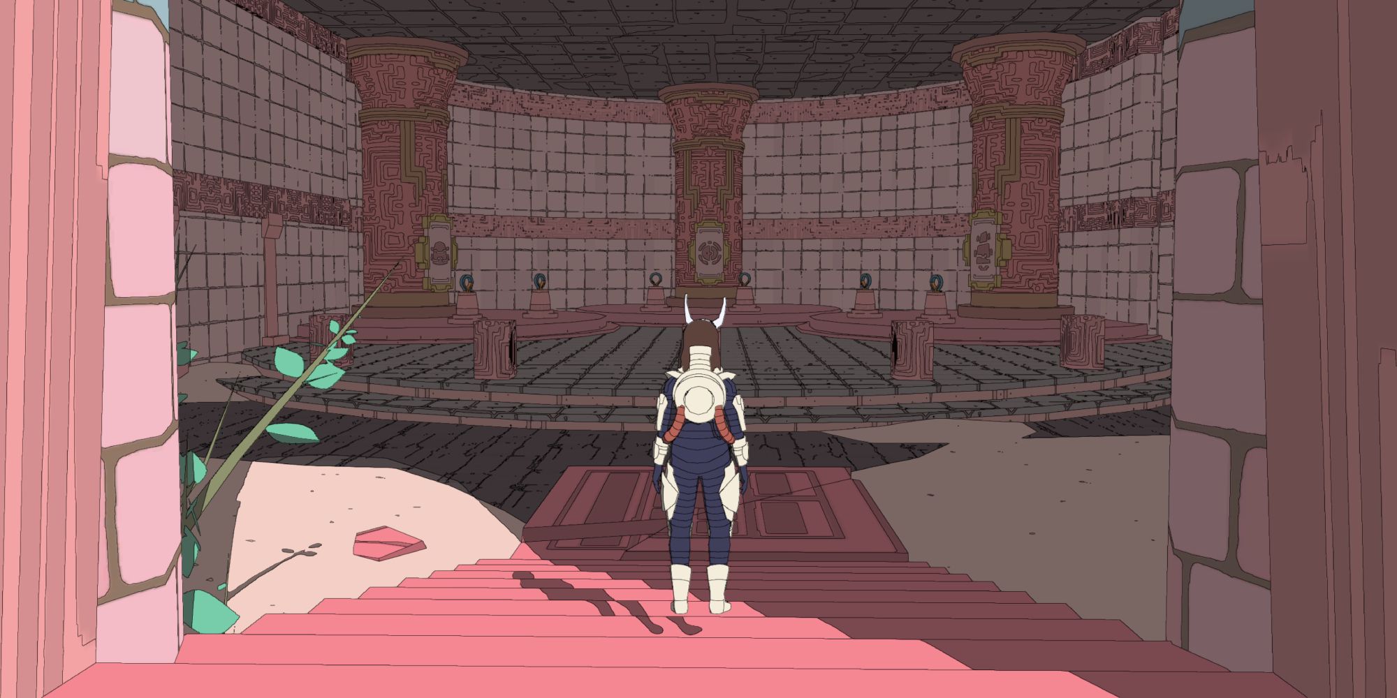 a wide shot of Sable looking inside the Mysterious Shrine with the interior cast in shadow