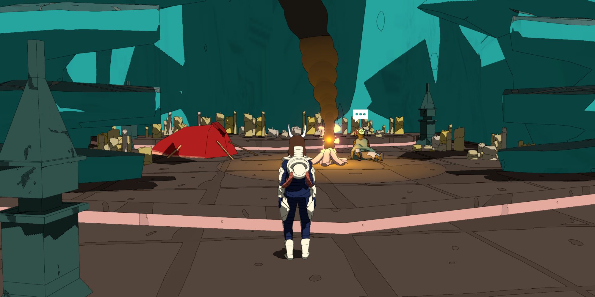 a wide shot of Sable stood inside of a green cave with a red tent, campfire and Llhor in front of her