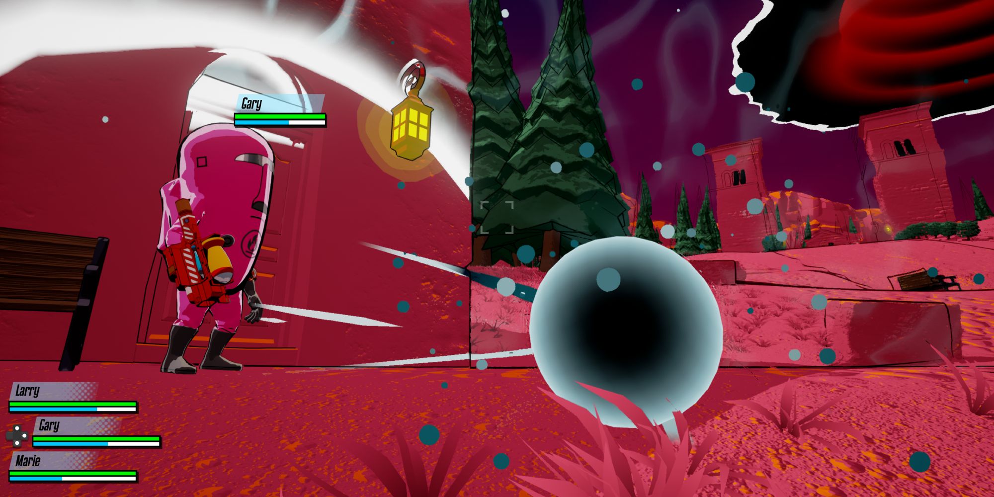 a wide shot of a character from Research and Destroy in a pink hazmat suit stood next to a large black sphere with a ominous portal hovering above a city in the distance