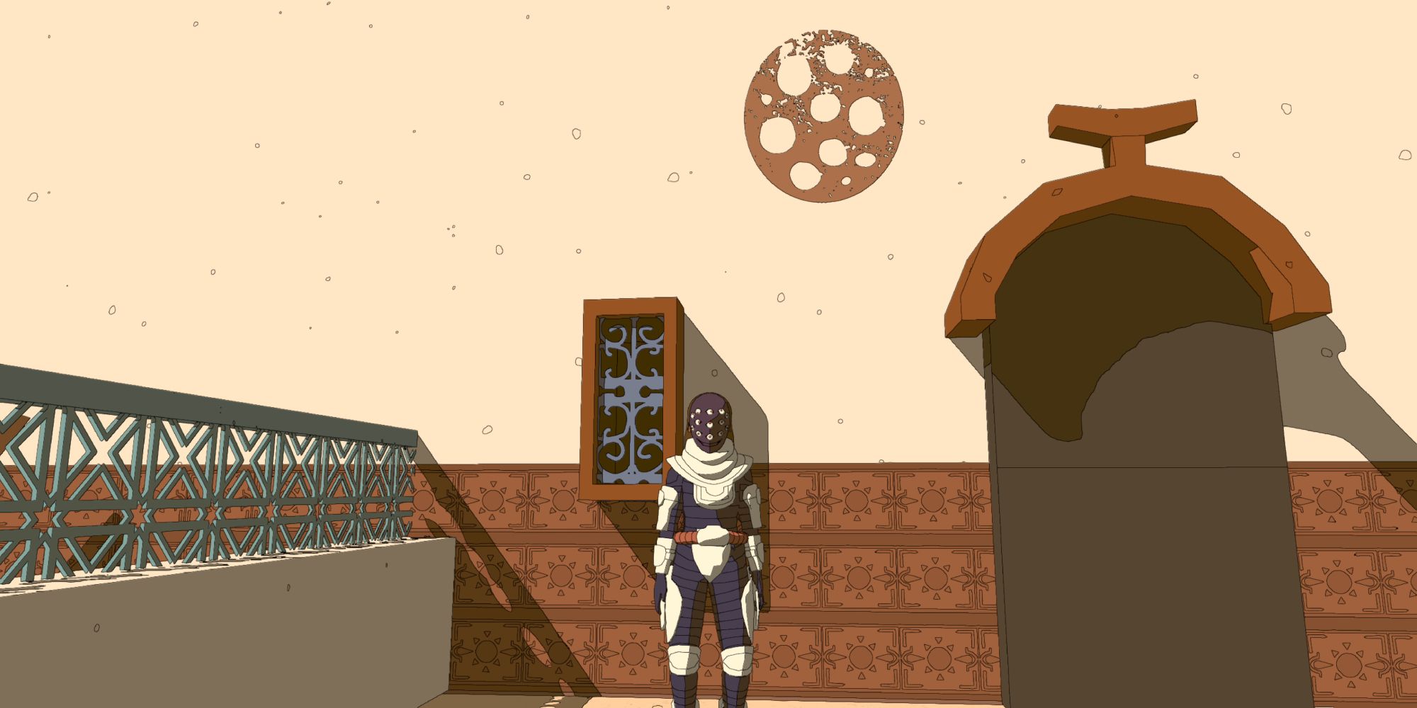 a wide shot of Sable wearing the Shade mask stood in front of a wall with a moon-like symbol painted on it