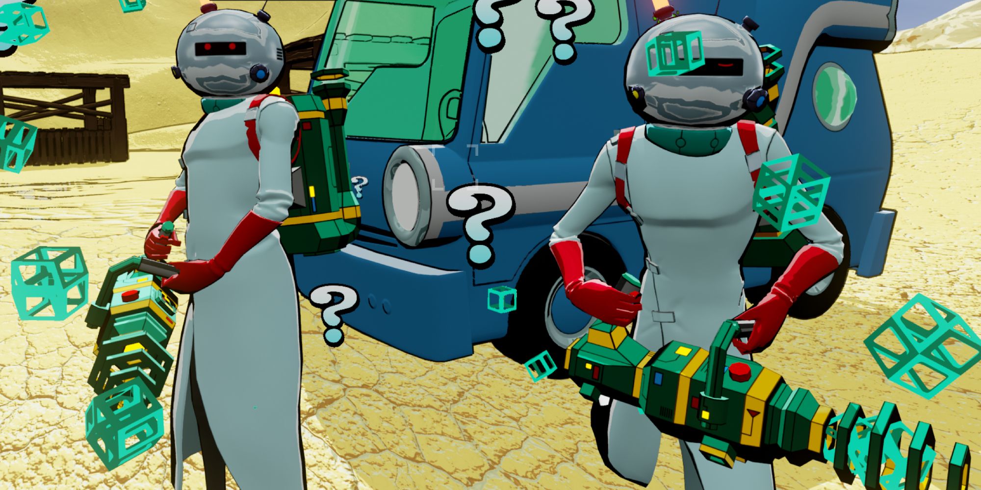 a mid shot of two identical characters from Research and Destroy with metal helmets over their heads carrying guns with a blue truck in the background
