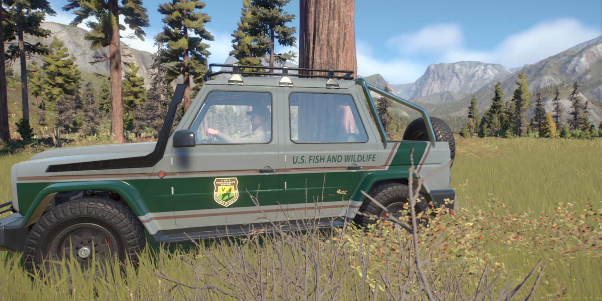 a mid shot of a jeep on a grassy plane with a tree sticking out of its back with various trees and mountains off in the distance