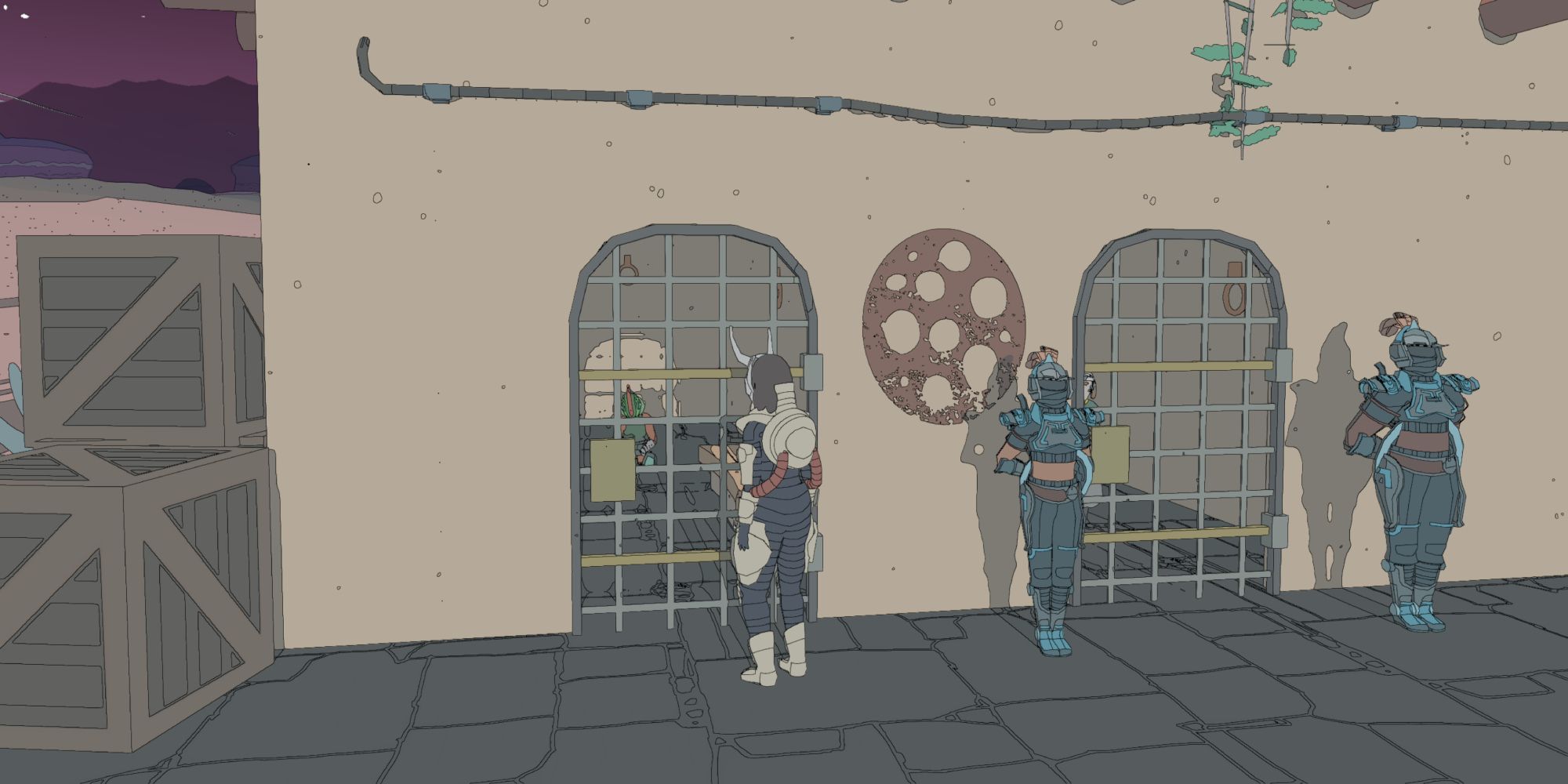 a wide shot of Sable stood outside of a jail cell with two guards to her right and Garay sat inside of the cell