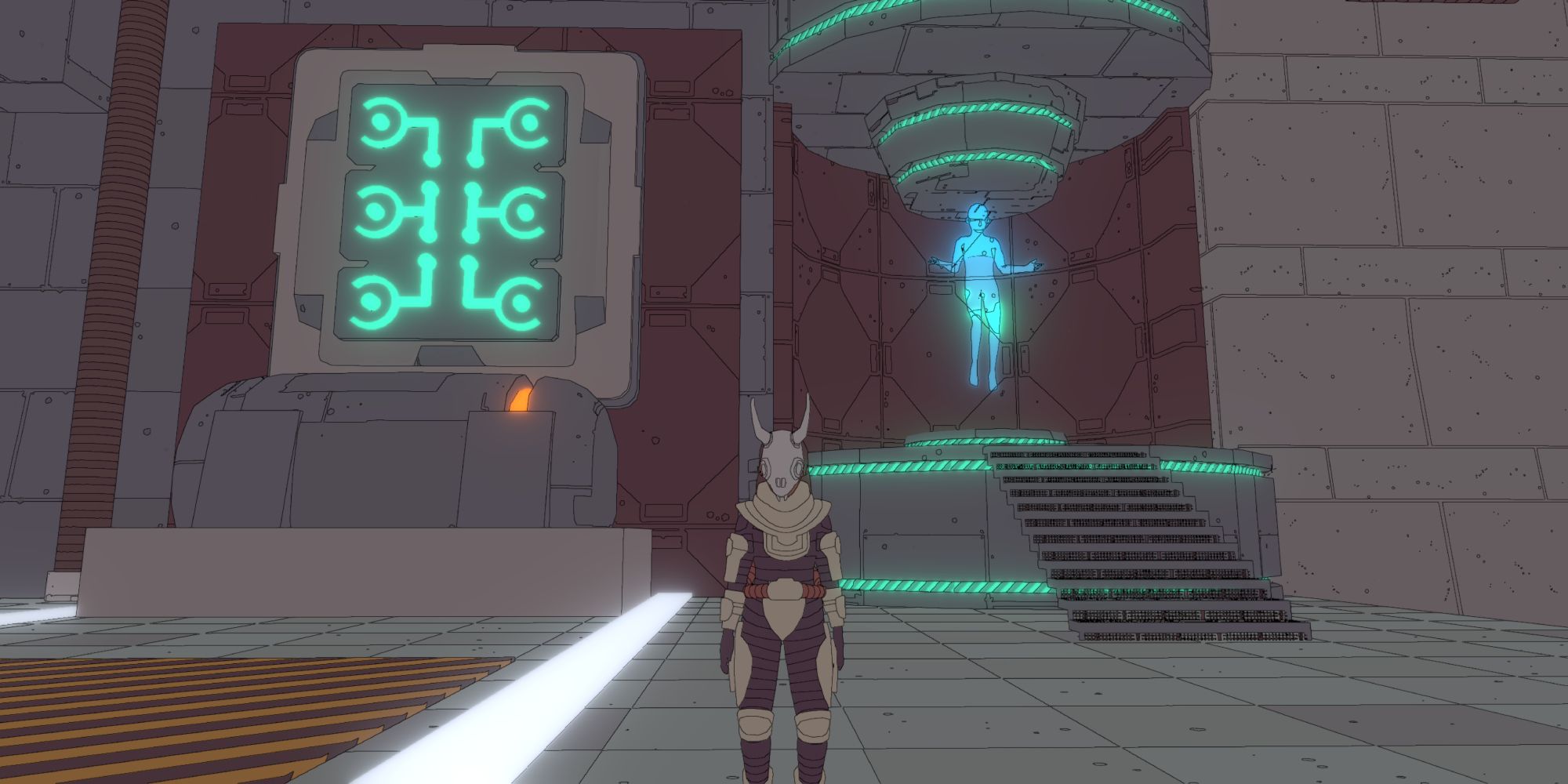 a wide shot of Sable in a darkened room stood in front of a floating blue person and a display with neon green lights