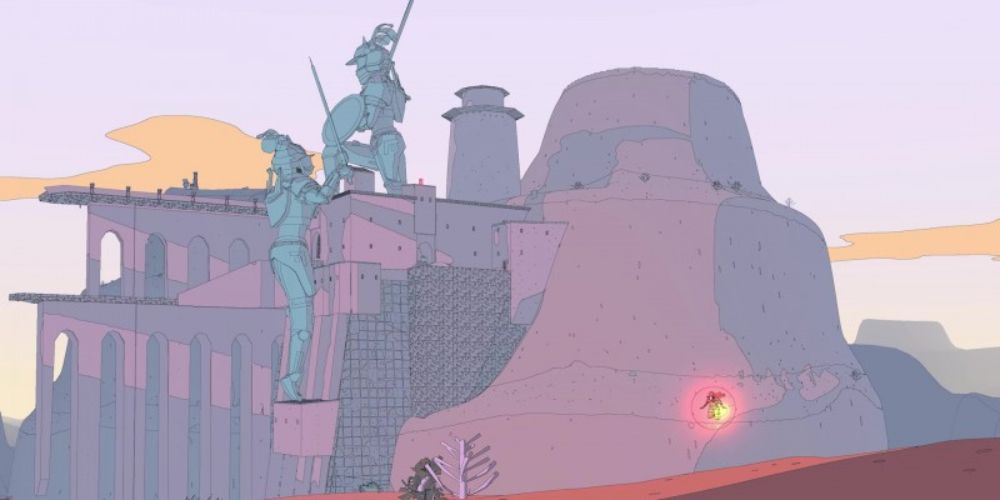 a wide shot of Sable gliding past the Bridge of the Betrayed which towers above her with the two statues of knights looming in the distance
