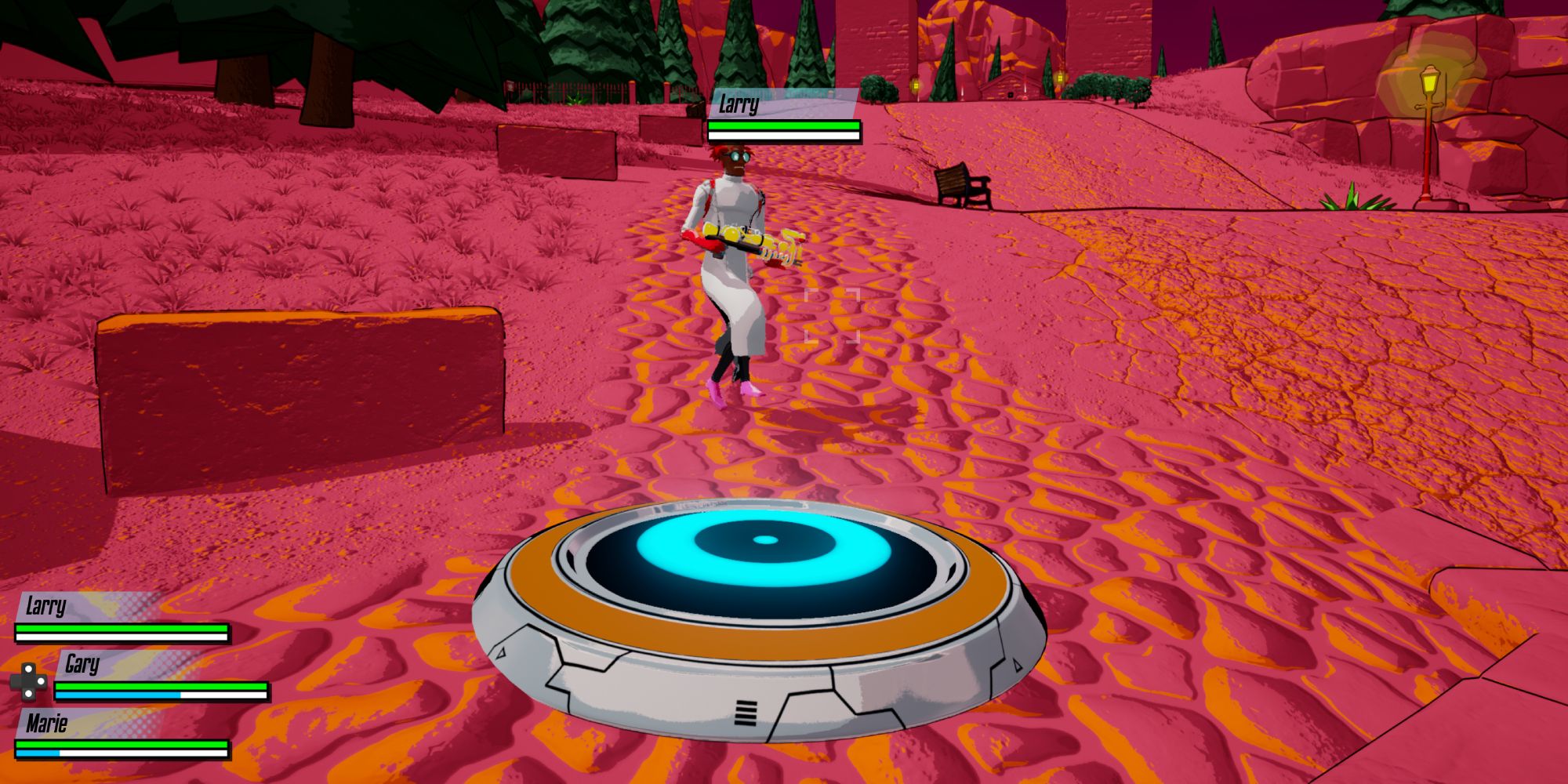 a wide shot of a character from Research and Destroy running towards a glowing jump pad in a red-tinted sand covered city