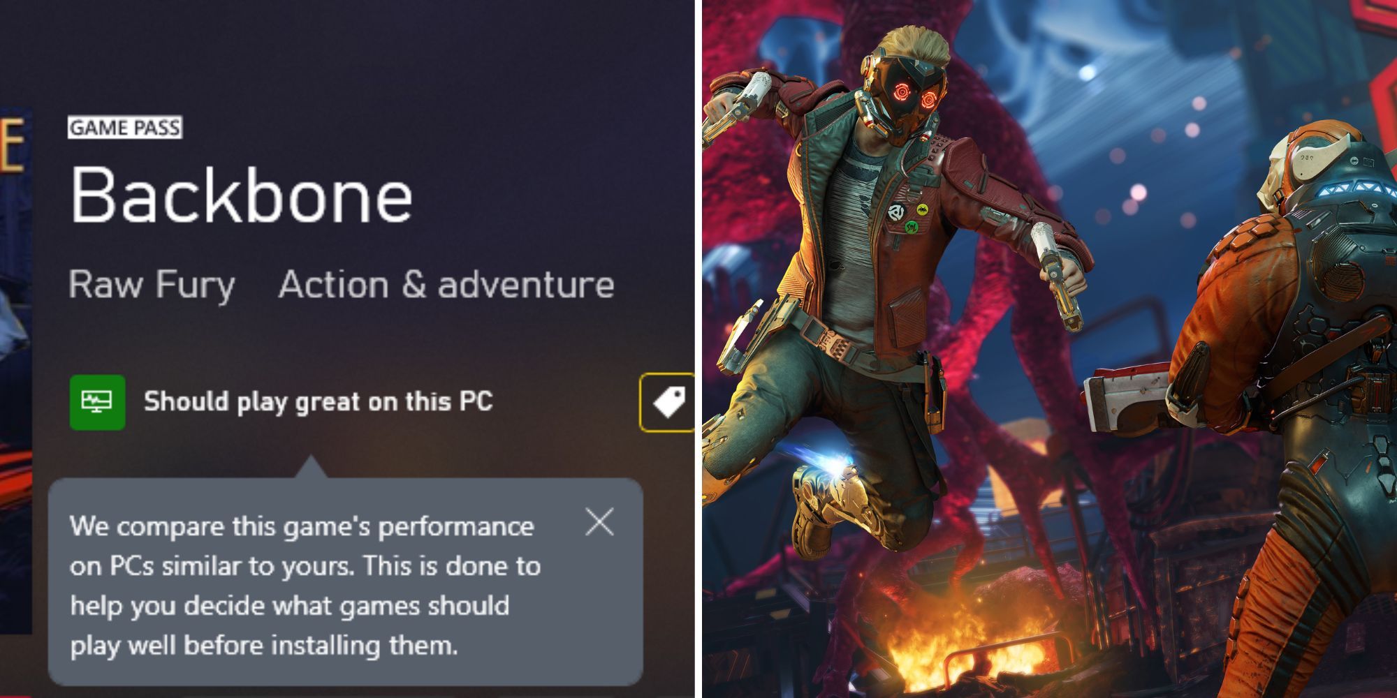 Performance Checker shows Backbone playability, Star Lord Attacks enemy Guardians of the Galaxy game