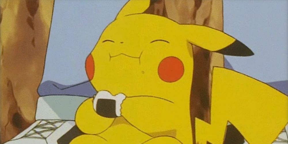 A screenshot of Pikachu eating rice.