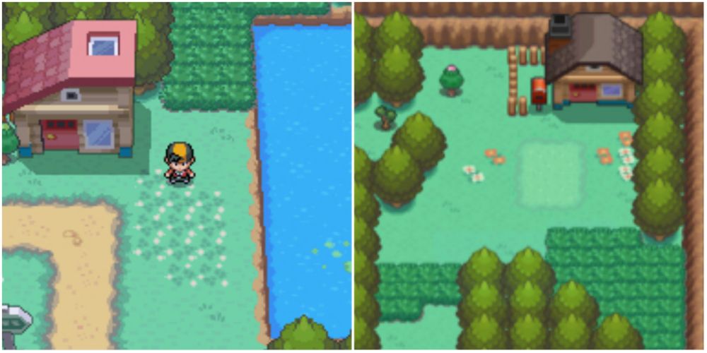 Split image screenshots of Ethan on Route 30 and Mr Pokemon's house in Pokemon HeartGold/SoulSilver.
