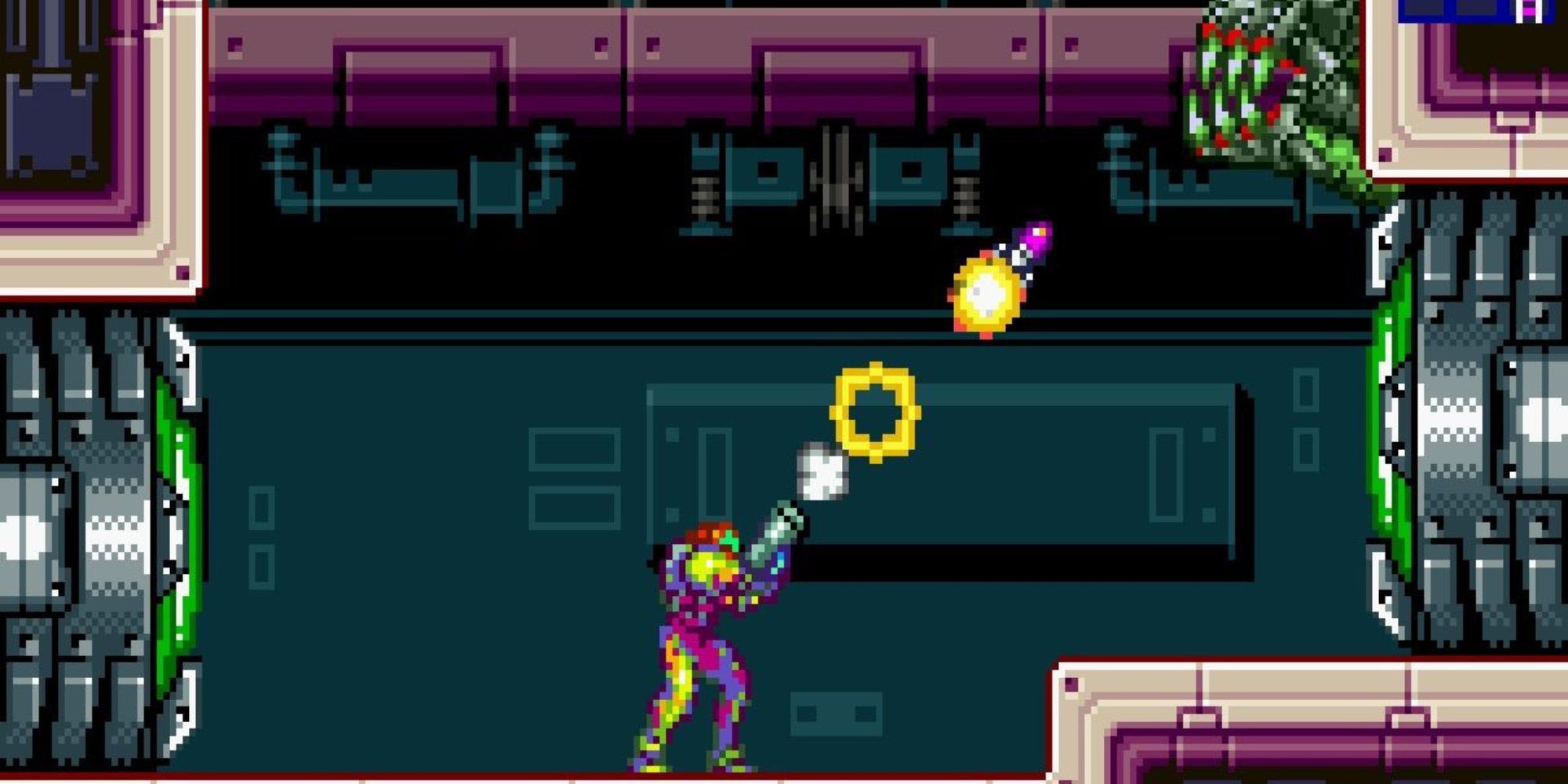 Samus shoots at an enemy on a wall