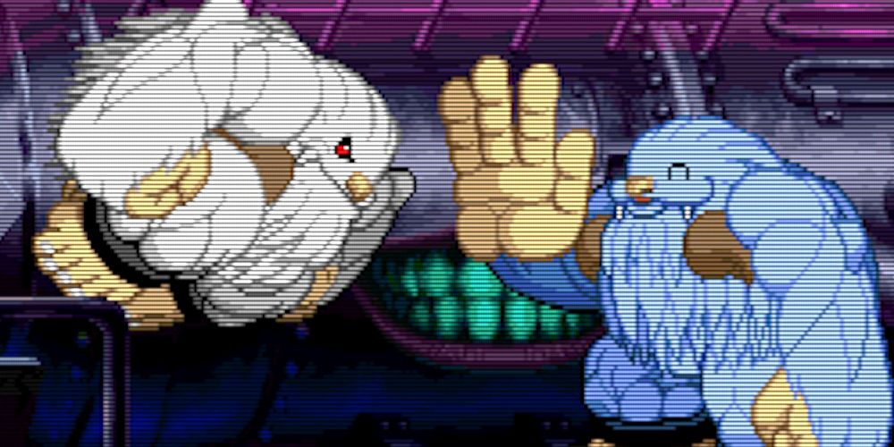 Sasquatch leaps at his friendly foe.