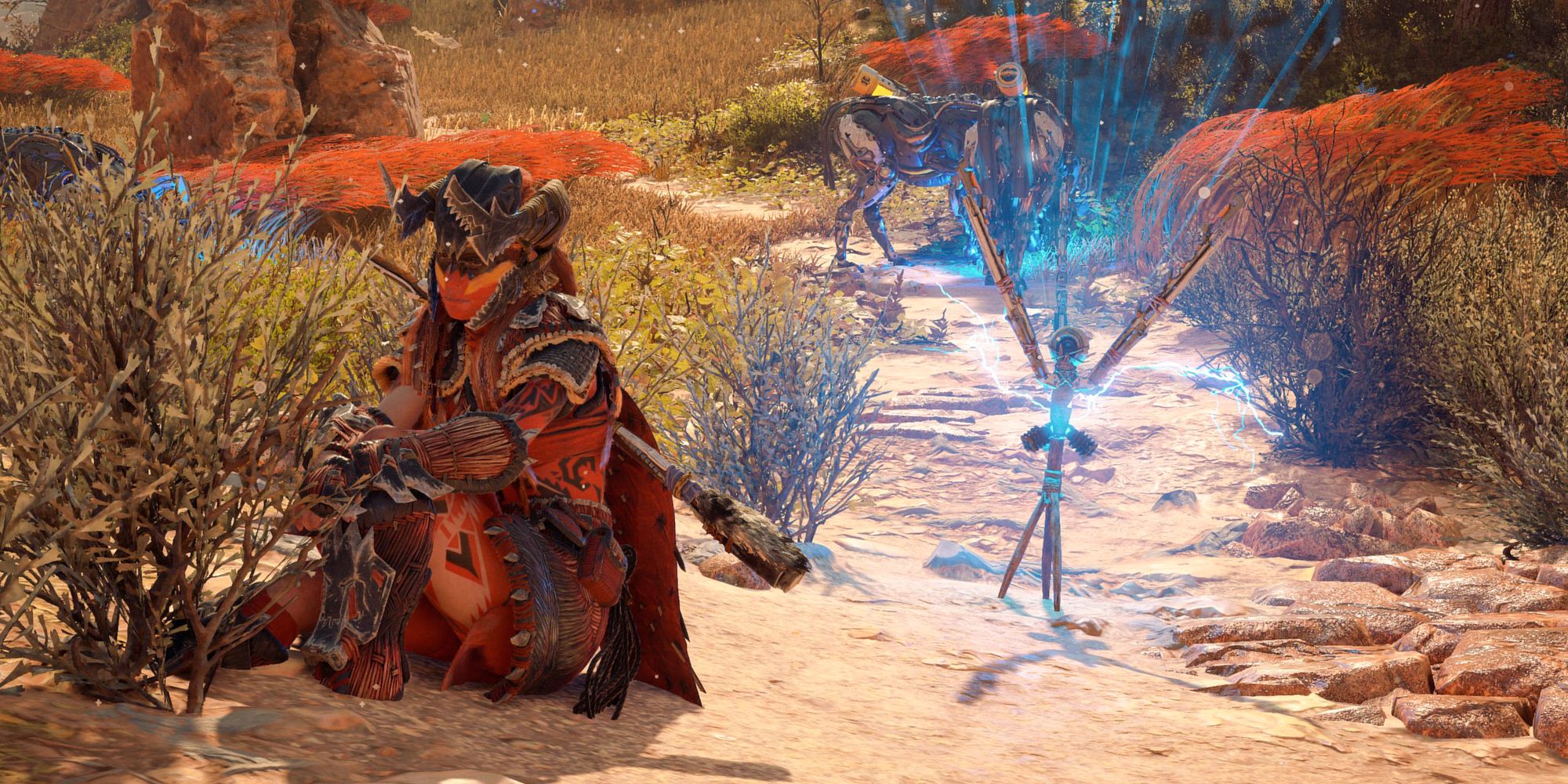 Horizon Forbidden West Aloy sitting next to a vertical shock trap.