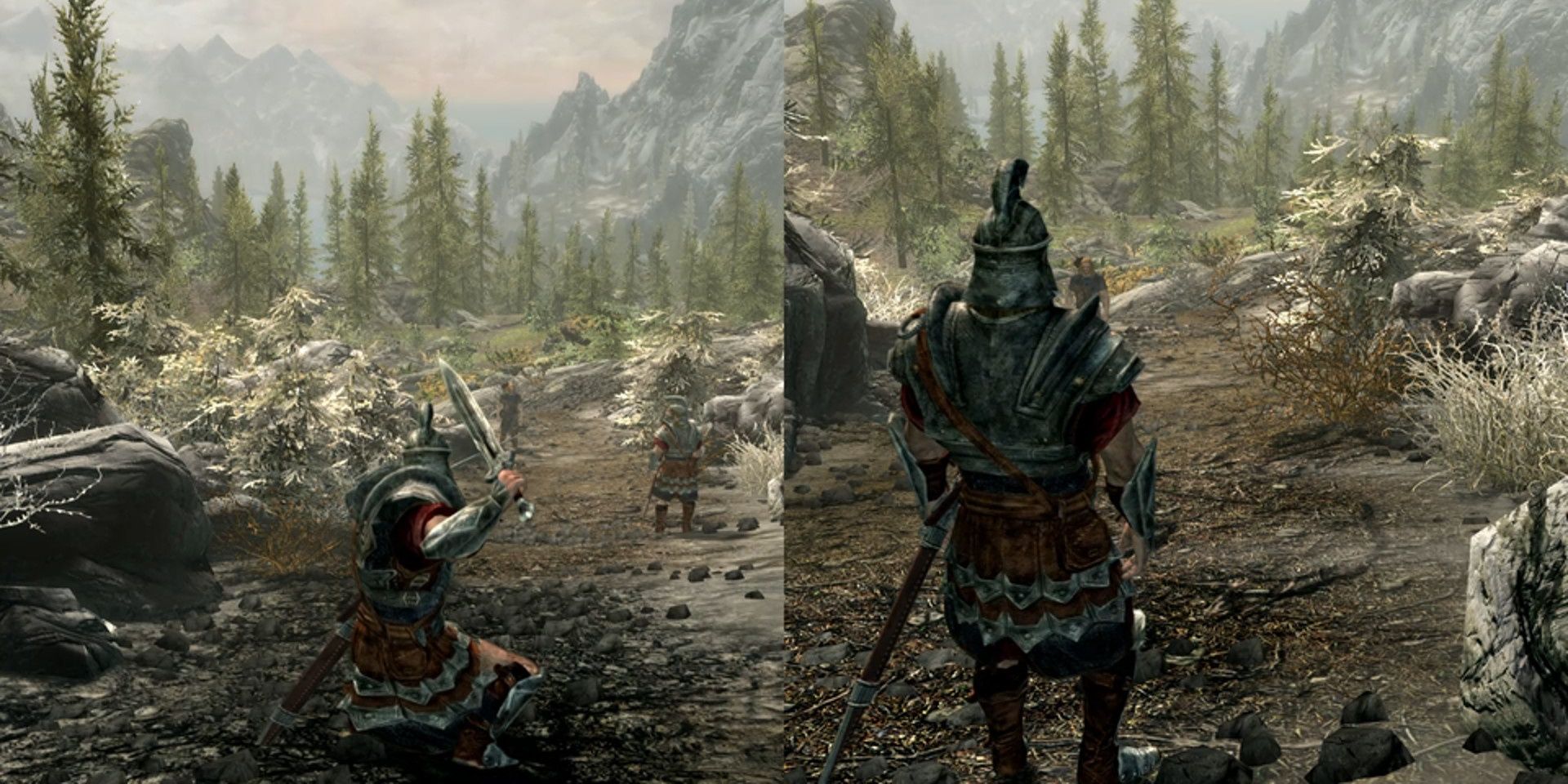 Skyrim Co-Op Mod showing two players in imperial armor at the start