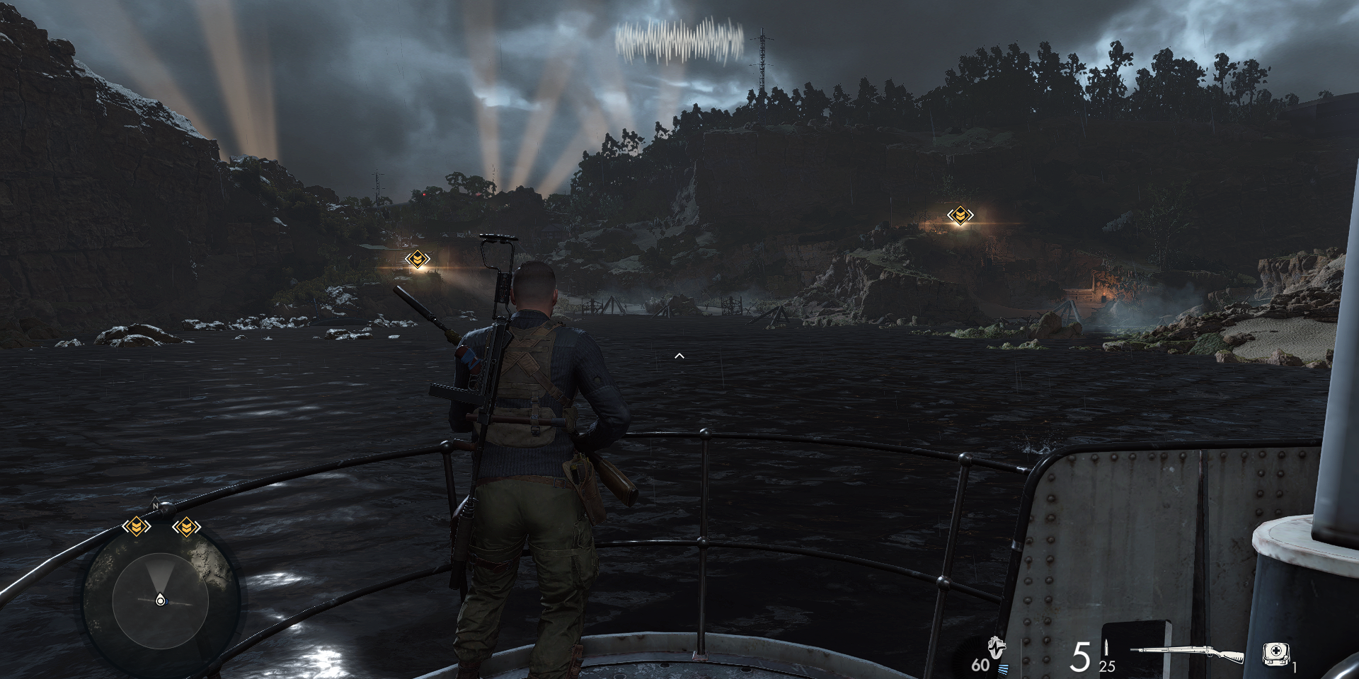 Sniper Elite 5 Mission 1 The Atlantic Wall showing Normandy from a submarine