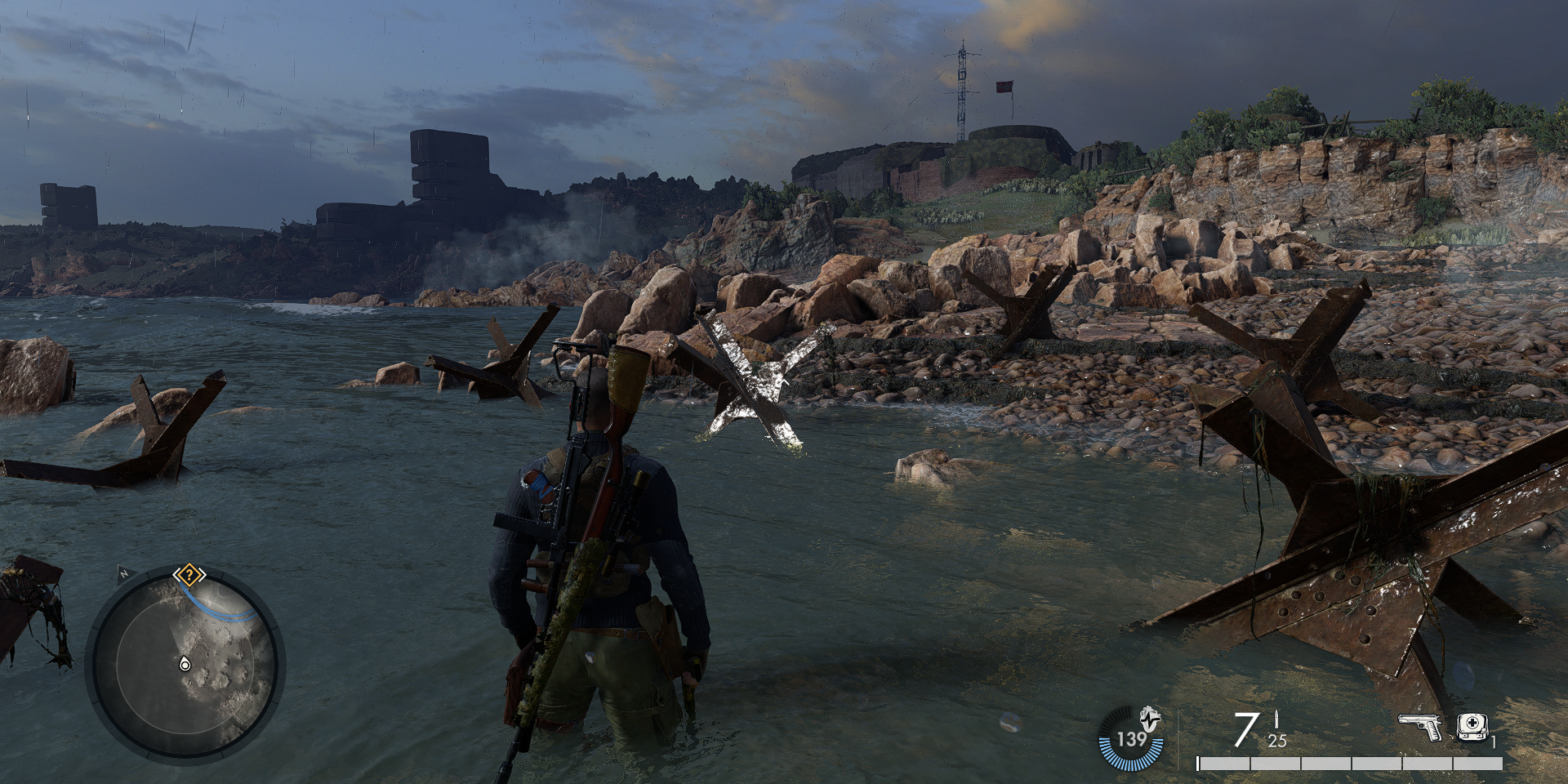 Sniper Elite 5 Mission 5 Festung Geurnsey showing the bunker while standing on the beach