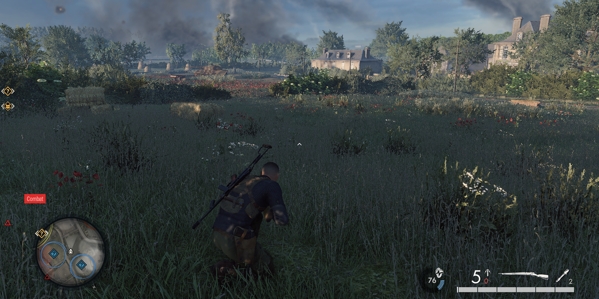 Sniper Elite 5 Mission 6 Liberation showing rural France and a tank in the distance