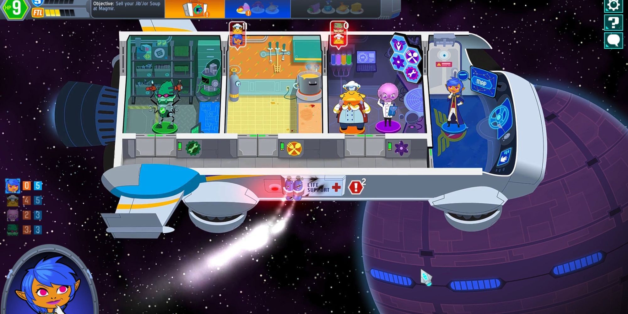 Captain, Chef, Scientist, and Engineer on the Galaxy Gourmet doing tasks