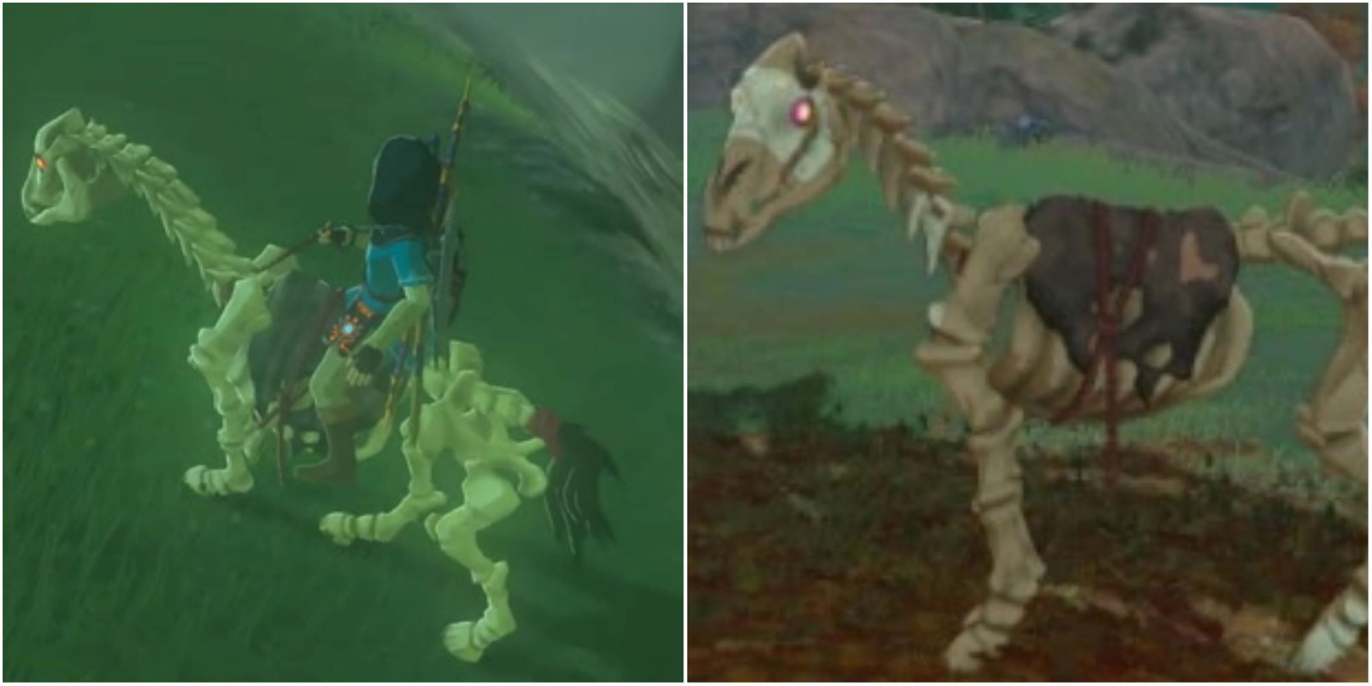 Split image screenshots of Link riding a Stalhorse and a close up of a Stalhorse in Breath of the Wild.