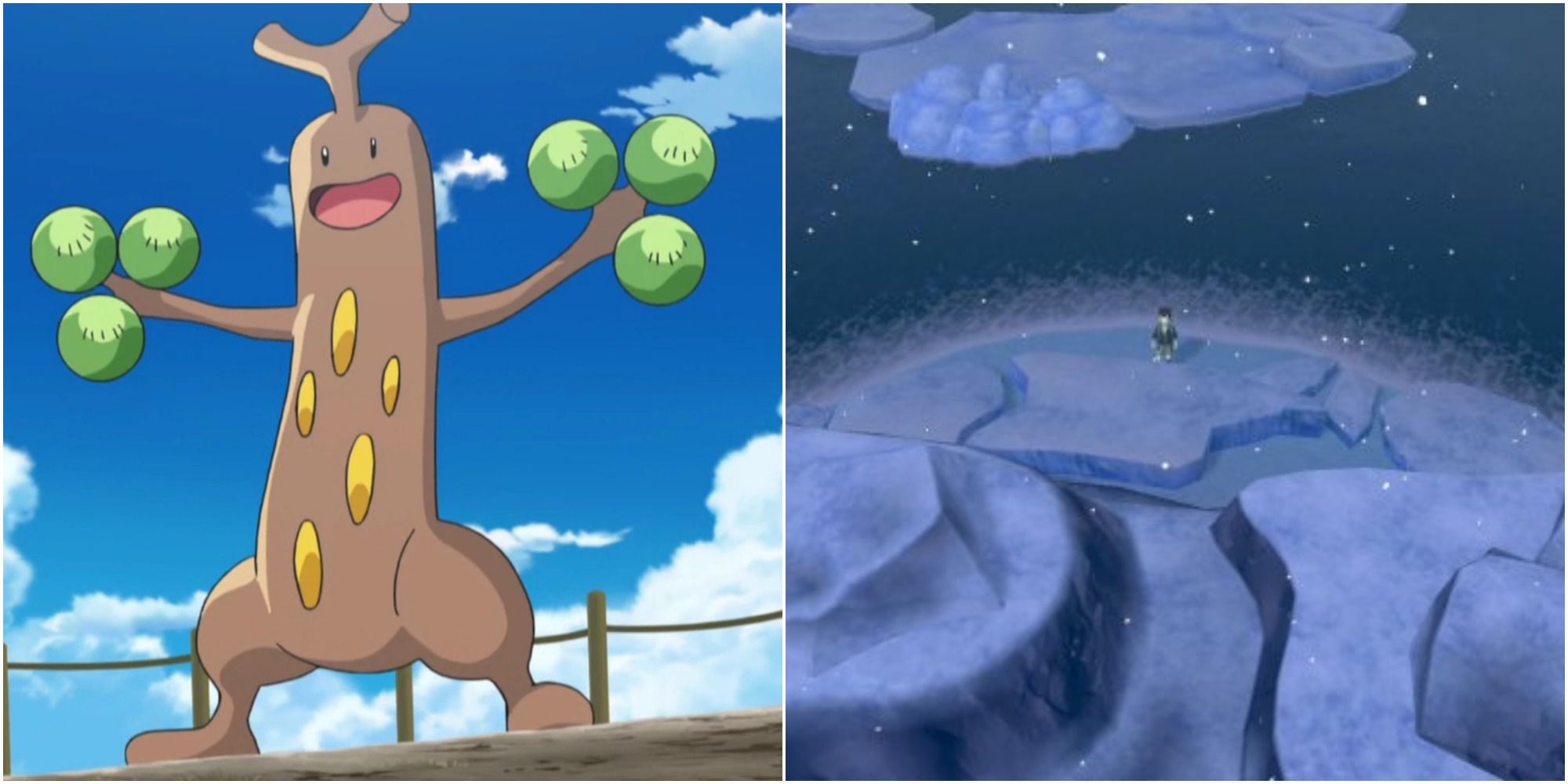 Split image screenshots of Sudowoodo and the player in an icy location in Pokemon Sword and Shield.