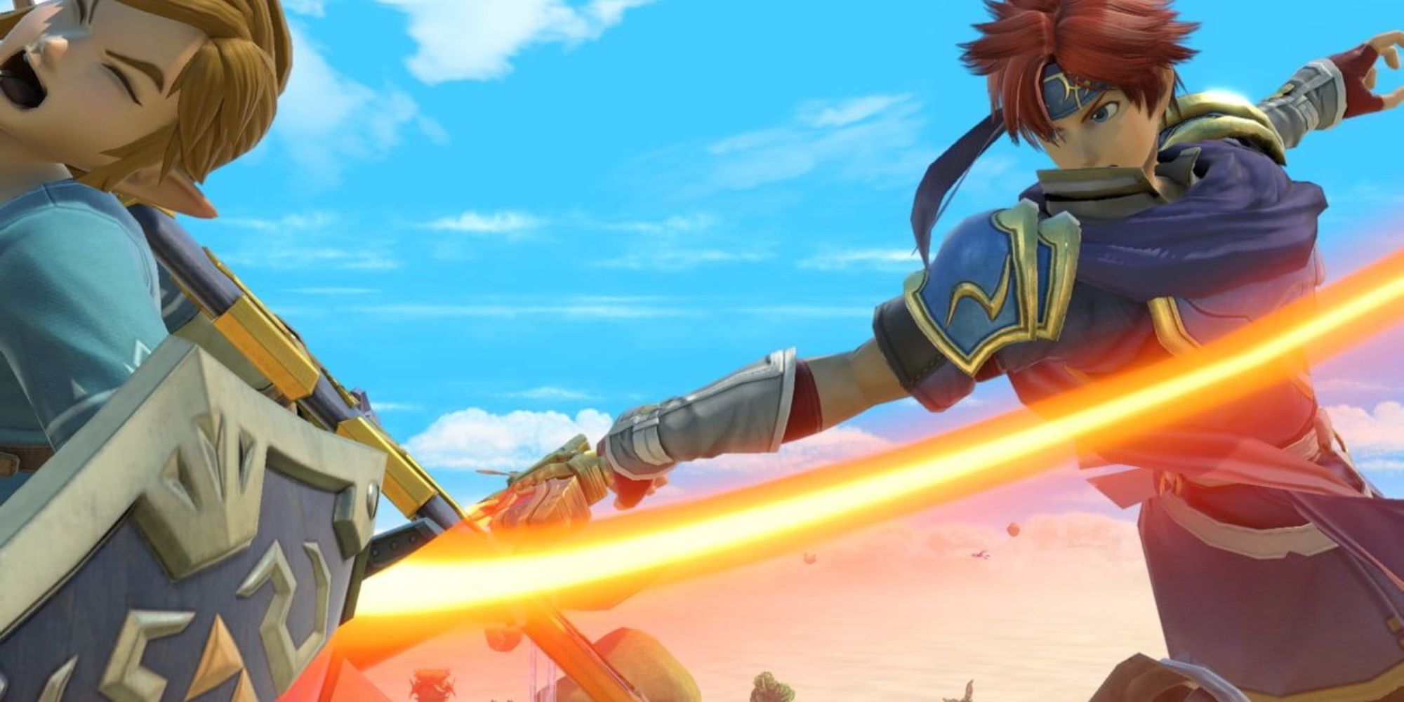 Roy attacks Link from behind on the Skyloft stage
