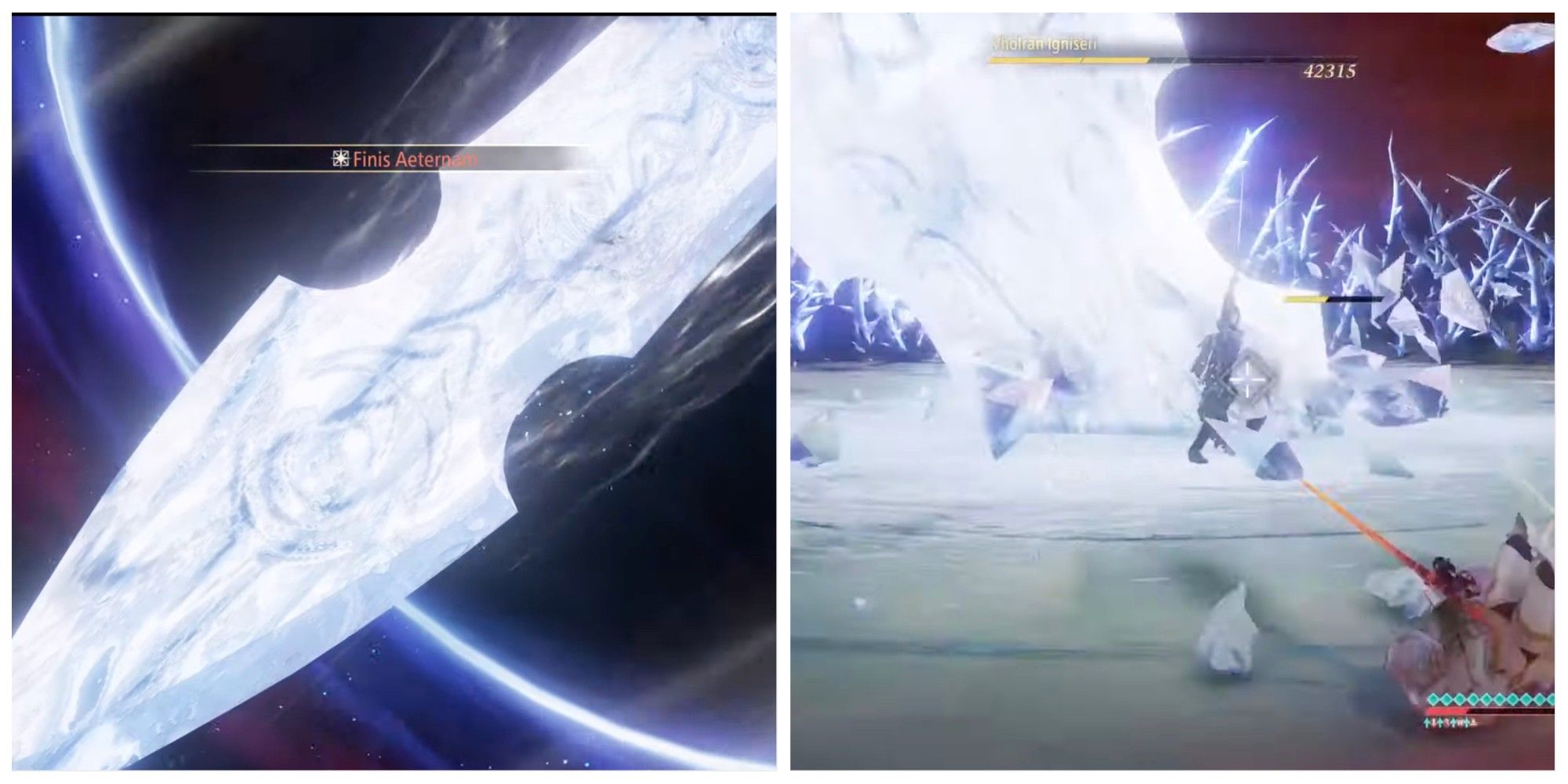 Tales-Of-Arise-1 giant sword attack summoned on left, stabbing the earth on right