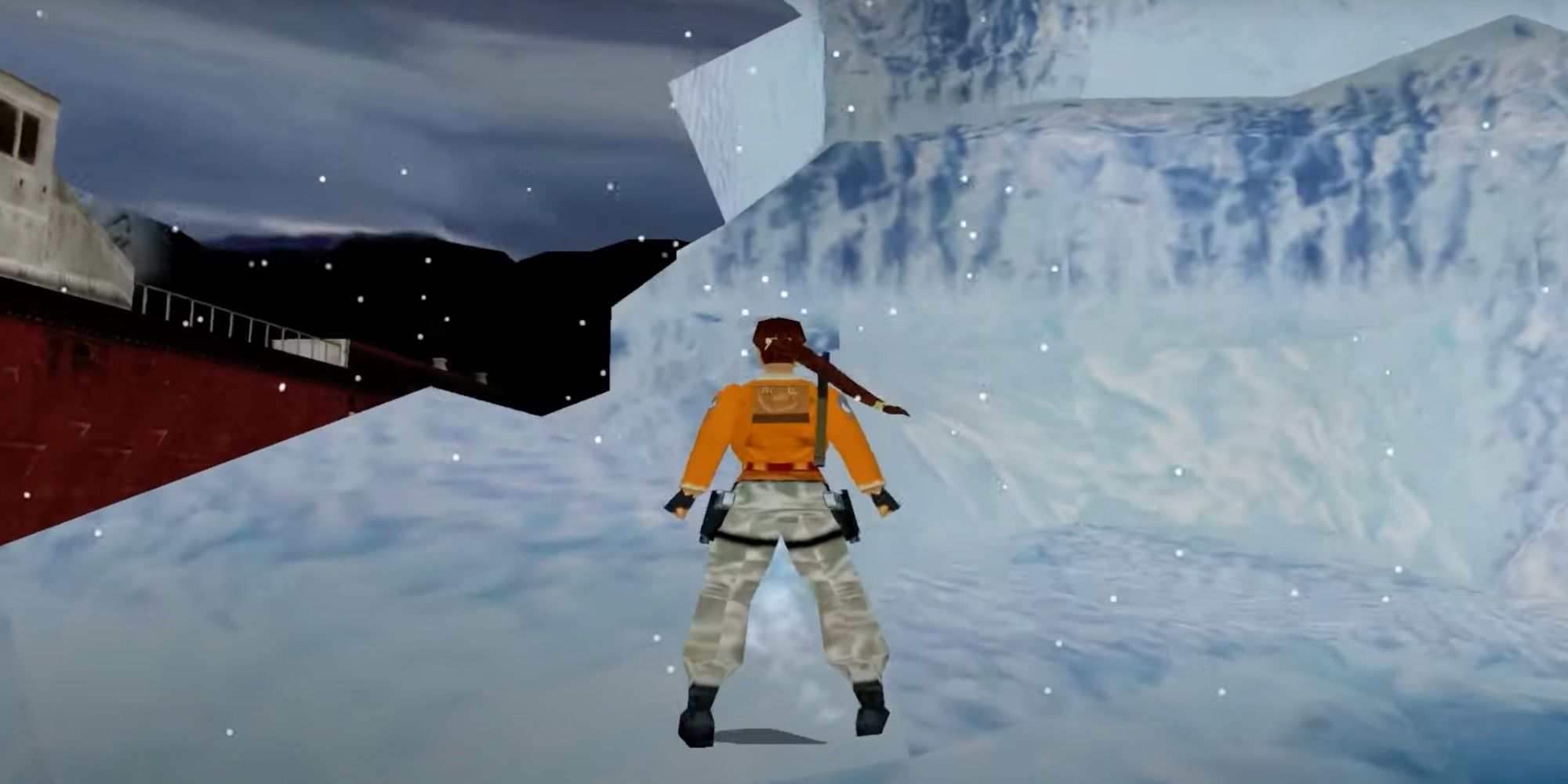 Lara Croft near ship in Tomb Raider III Antarctica