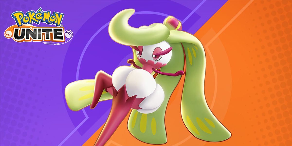 Key art of Tsareena from Pokemon Unite on a purple and orange background and with the game logo